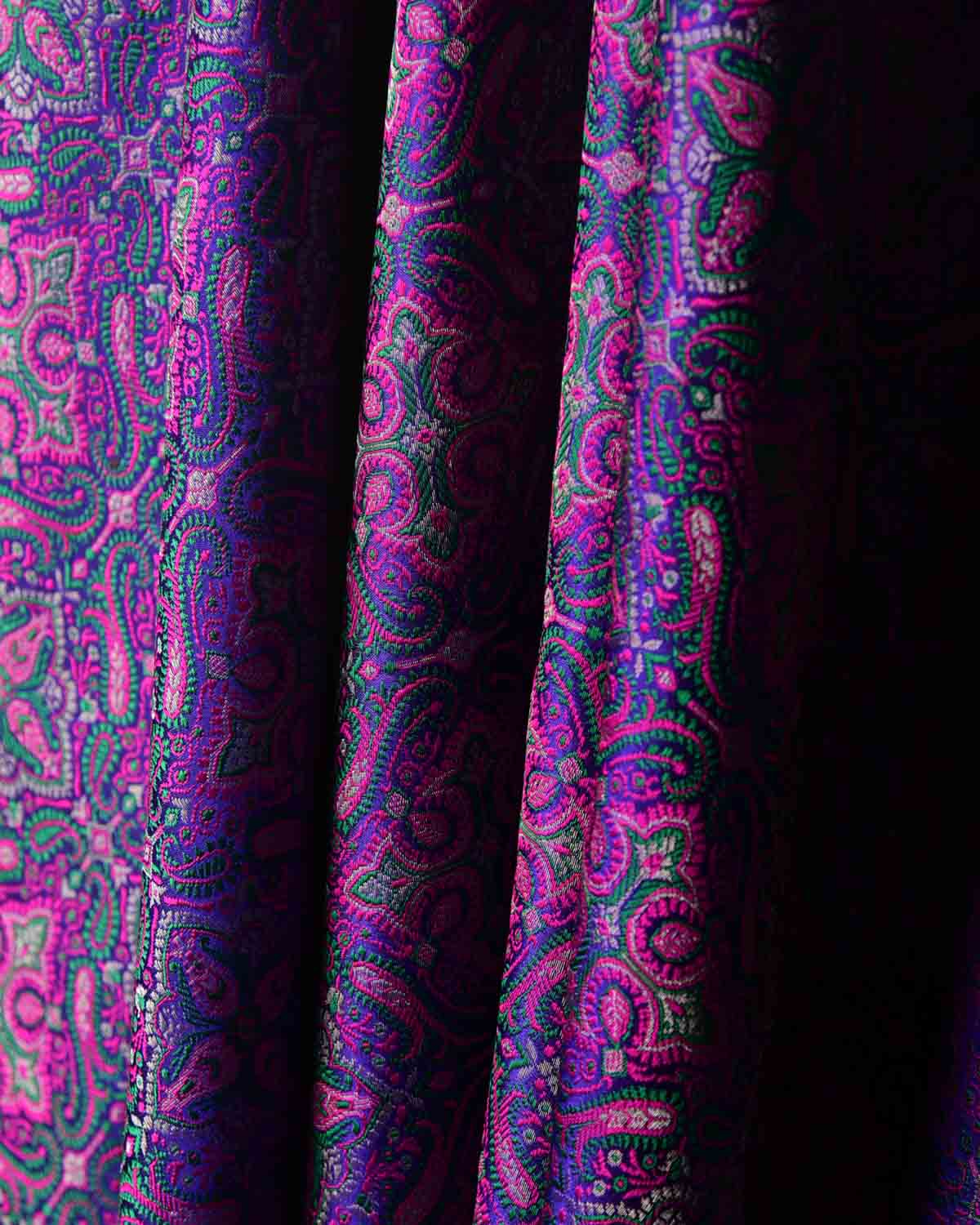 Purple Traditional Tehra Jamawar Handwoven Katan Silk Banarasi Fabric with Gold Zari-HolyWeaves