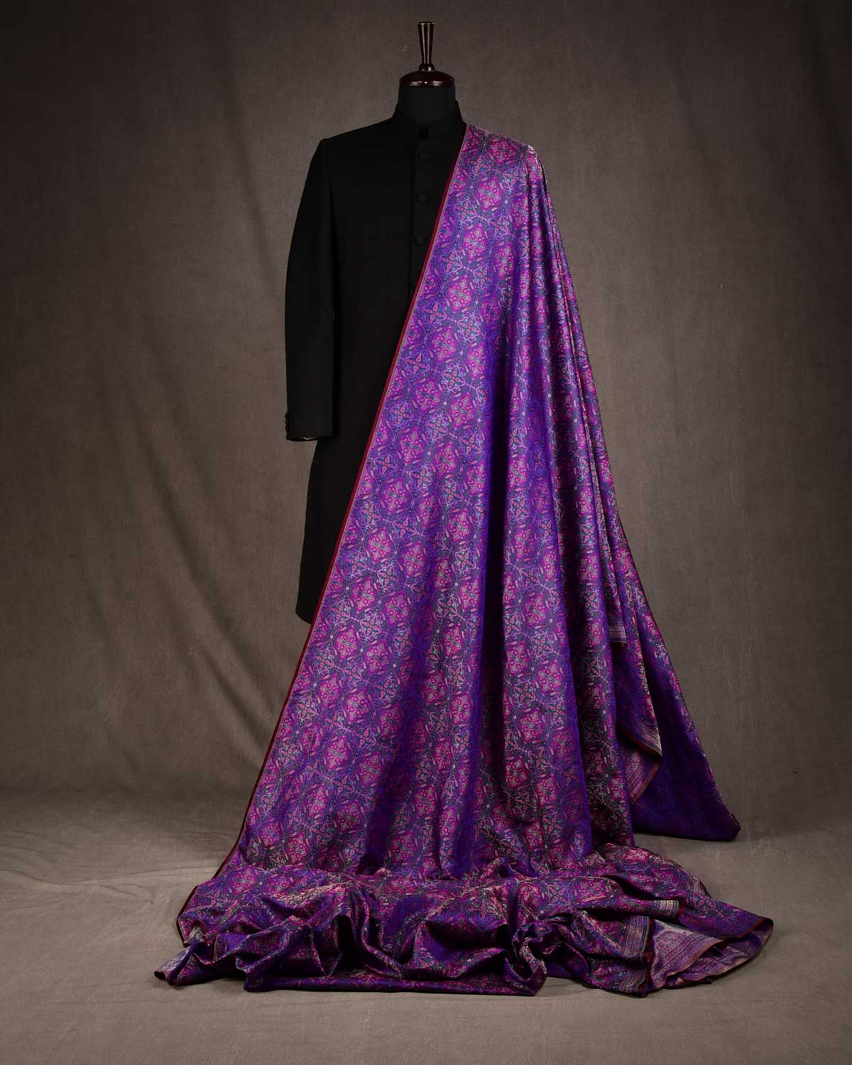 Purple Traditional Tehra Jamawar Handwoven Katan Silk Banarasi Fabric with Gold Zari-HolyWeaves