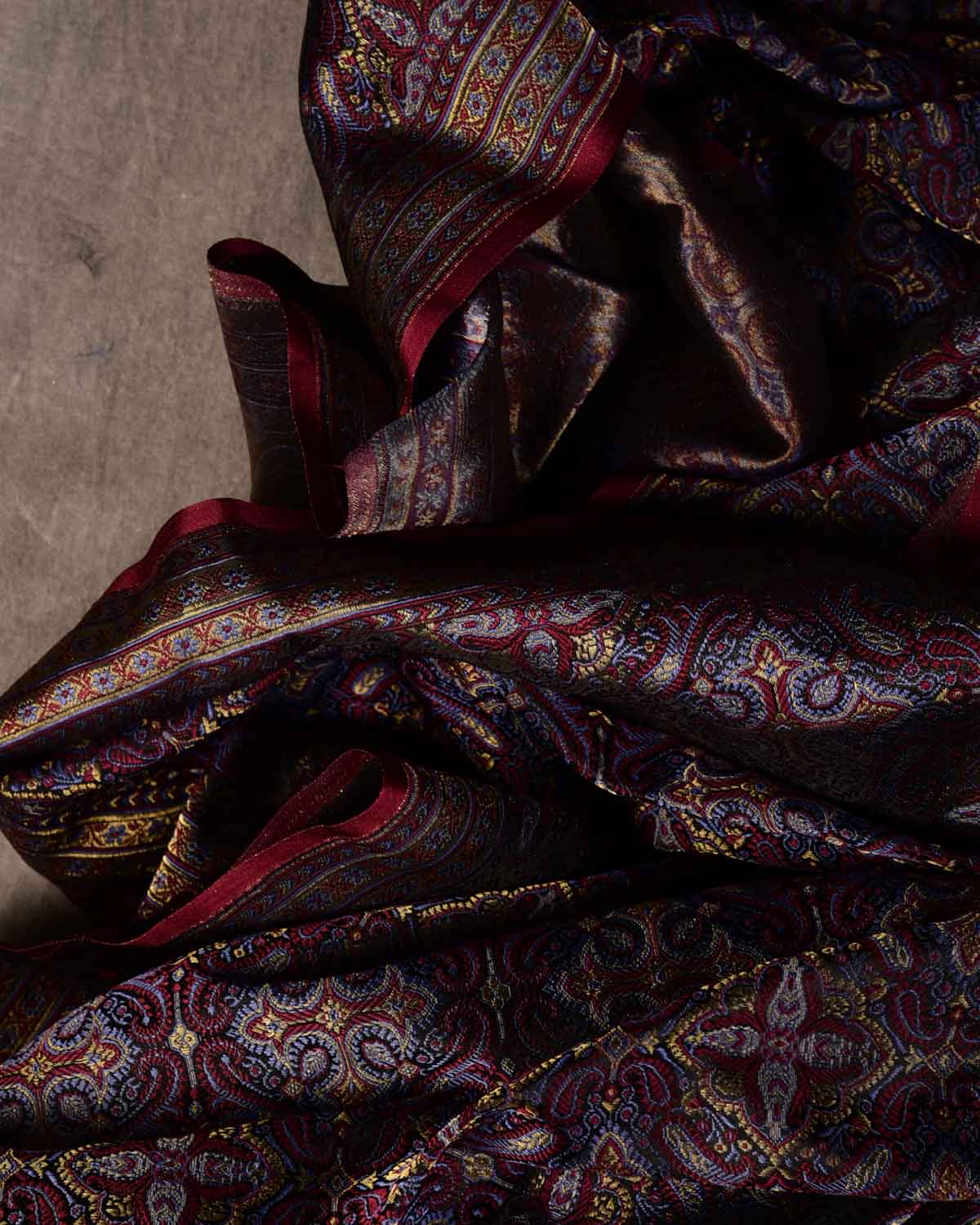 Mahogany Traditional Tehra Jamawar Handwoven Katan Silk Banarasi Fabric with Gold Zari-HolyWeaves