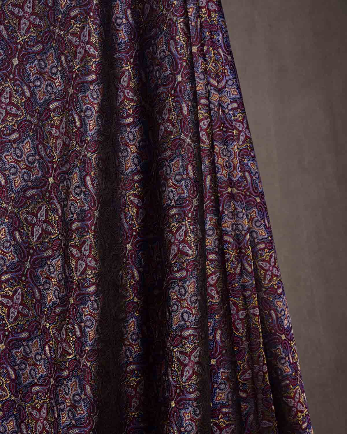 Mahogany Traditional Tehra Jamawar Handwoven Katan Silk Banarasi Fabric with Gold Zari-HolyWeaves