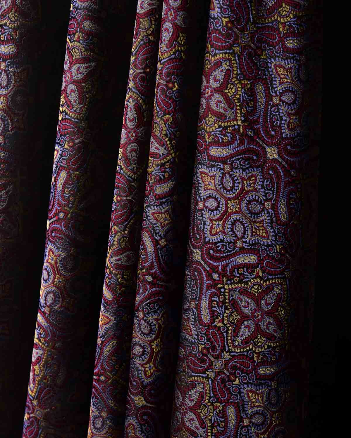 Mahogany Traditional Tehra Jamawar Handwoven Katan Silk Banarasi Fabric with Gold Zari-HolyWeaves