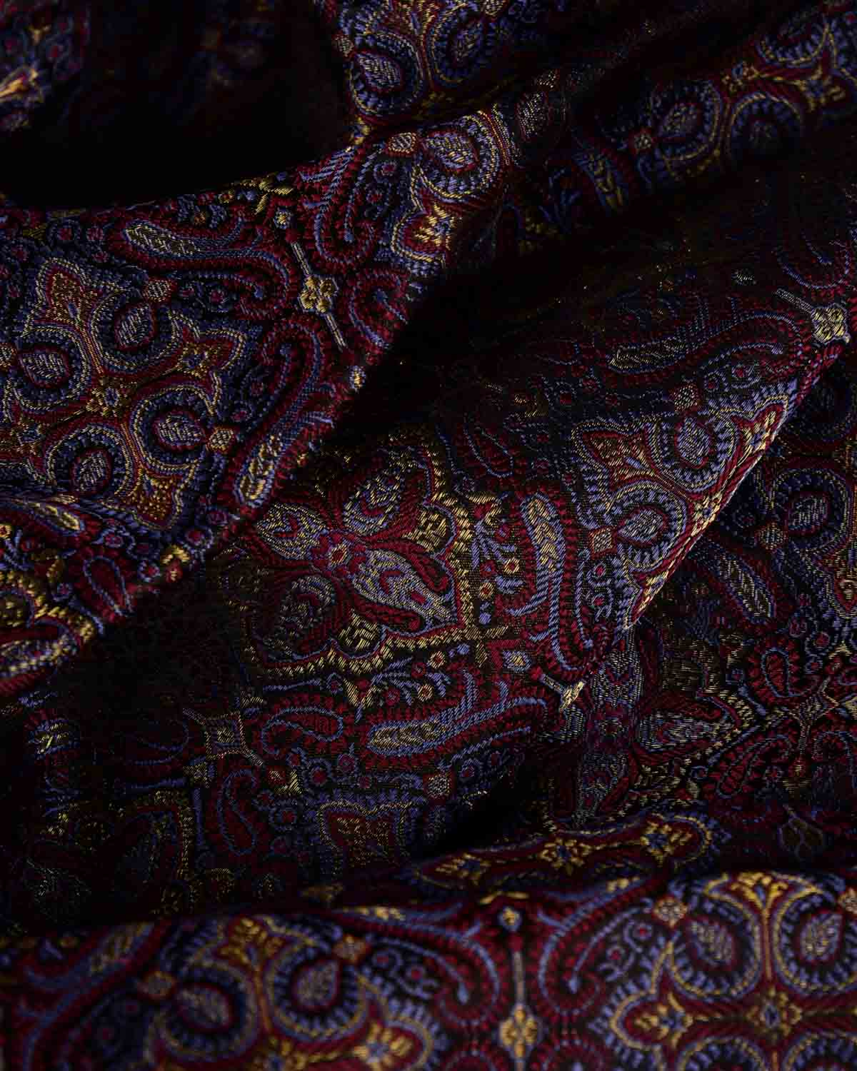 Mahogany Traditional Tehra Jamawar Handwoven Katan Silk Banarasi Fabric with Gold Zari-HolyWeaves