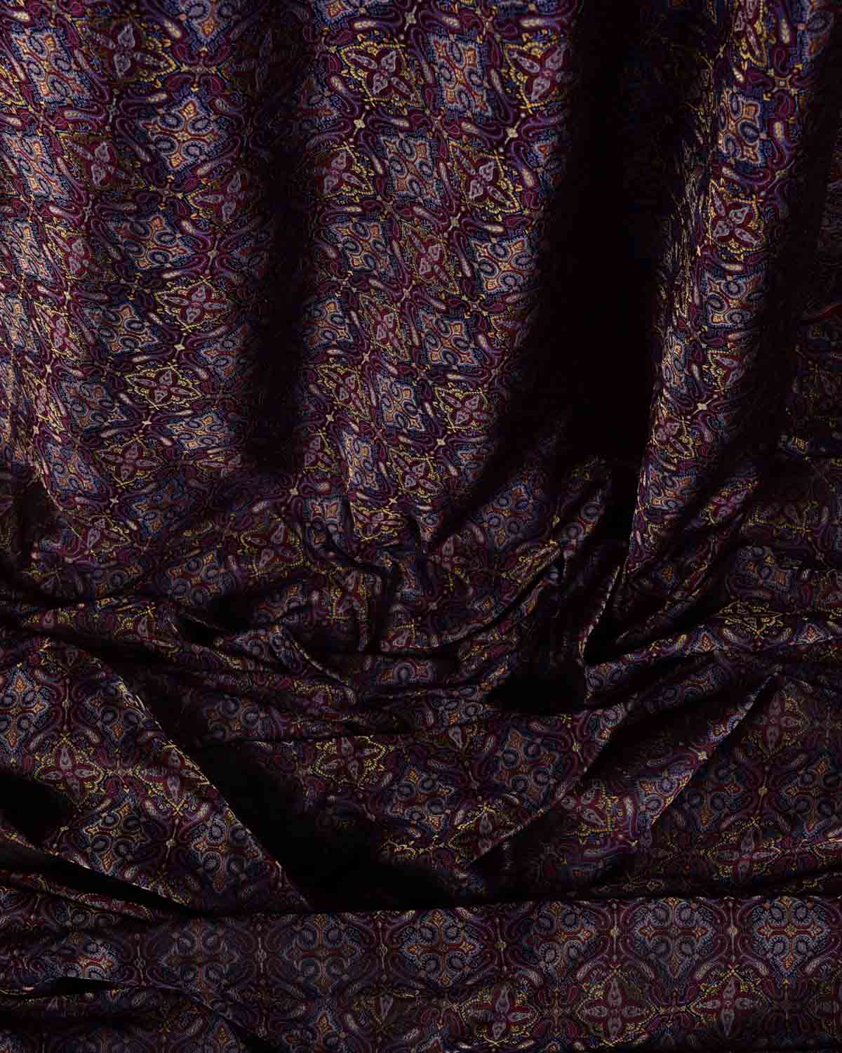 Mahogany Traditional Tehra Jamawar Handwoven Katan Silk Banarasi Fabric with Gold Zari-HolyWeaves