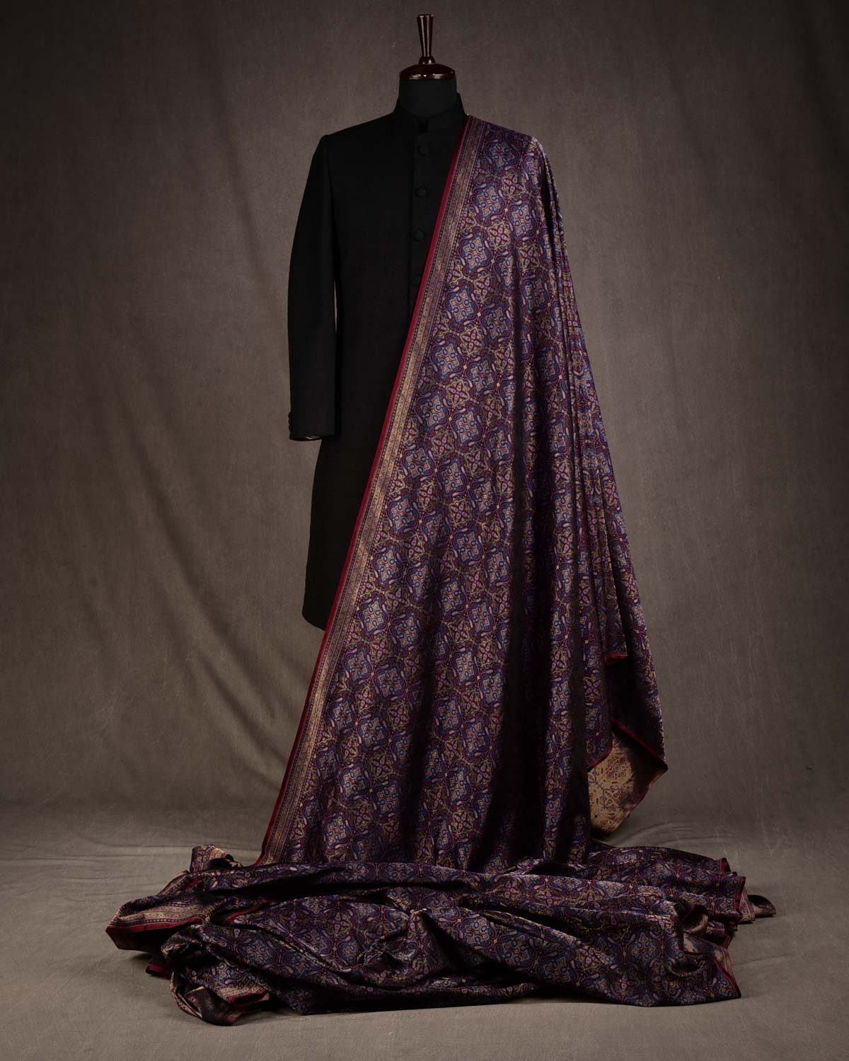 Mahogany Traditional Tehra Jamawar Handwoven Katan Silk Banarasi Fabric with Gold Zari-HolyWeaves