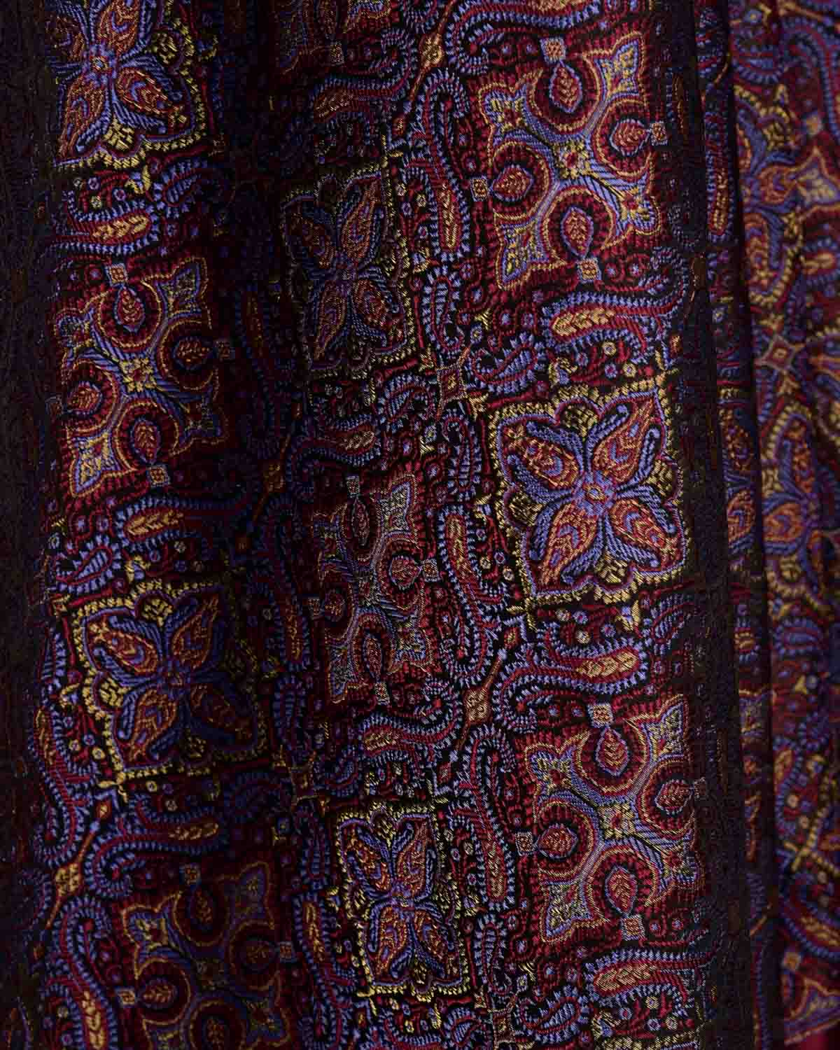 Black Traditional Tehra Jamawar Handwoven Katan Silk Banarasi Fabric with Gold Zari-HolyWeaves