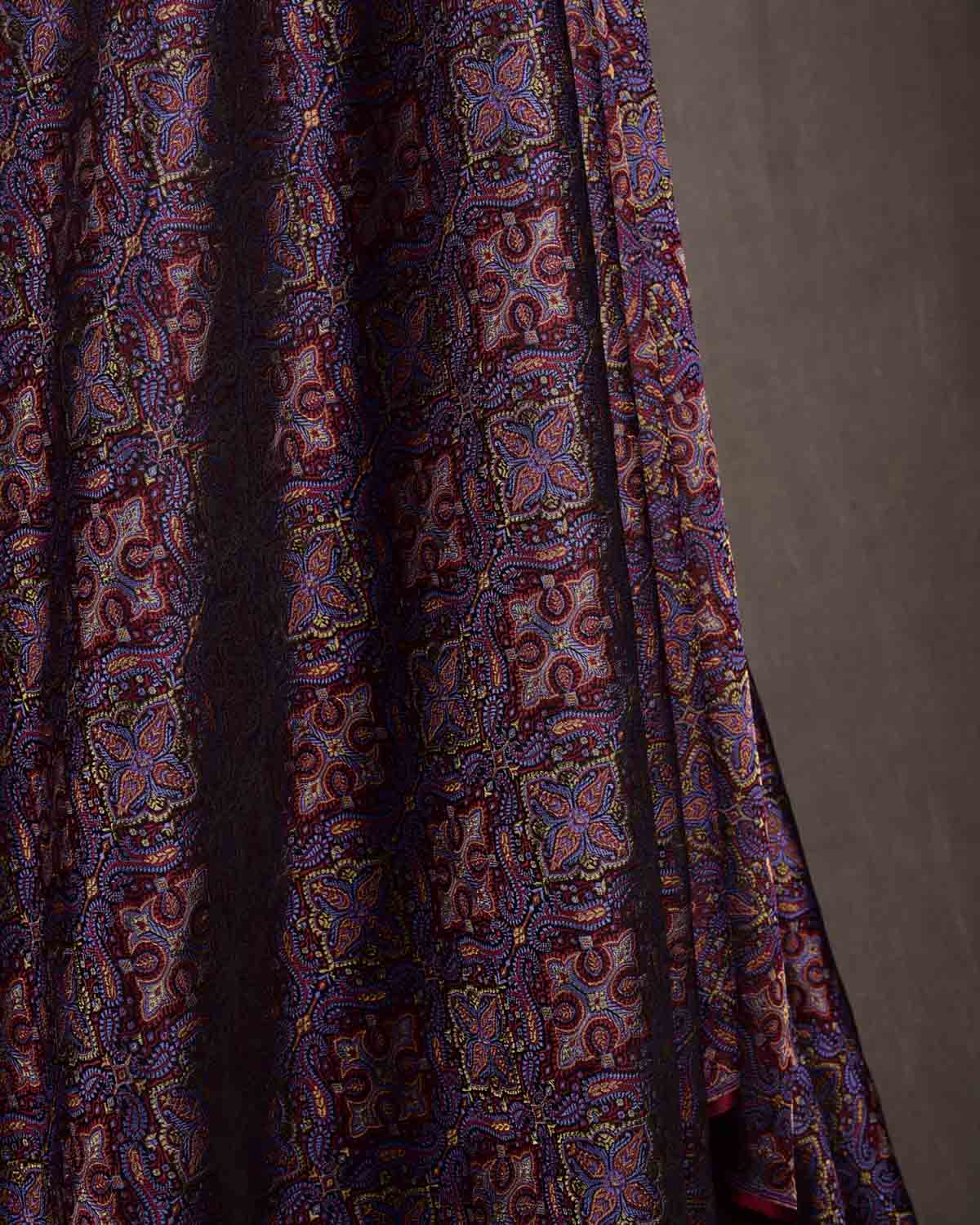 Black Traditional Tehra Jamawar Handwoven Katan Silk Banarasi Fabric with Gold Zari-HolyWeaves