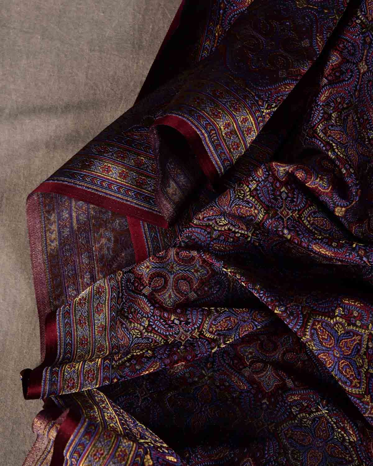 Black Traditional Tehra Jamawar Handwoven Katan Silk Banarasi Fabric with Gold Zari-HolyWeaves