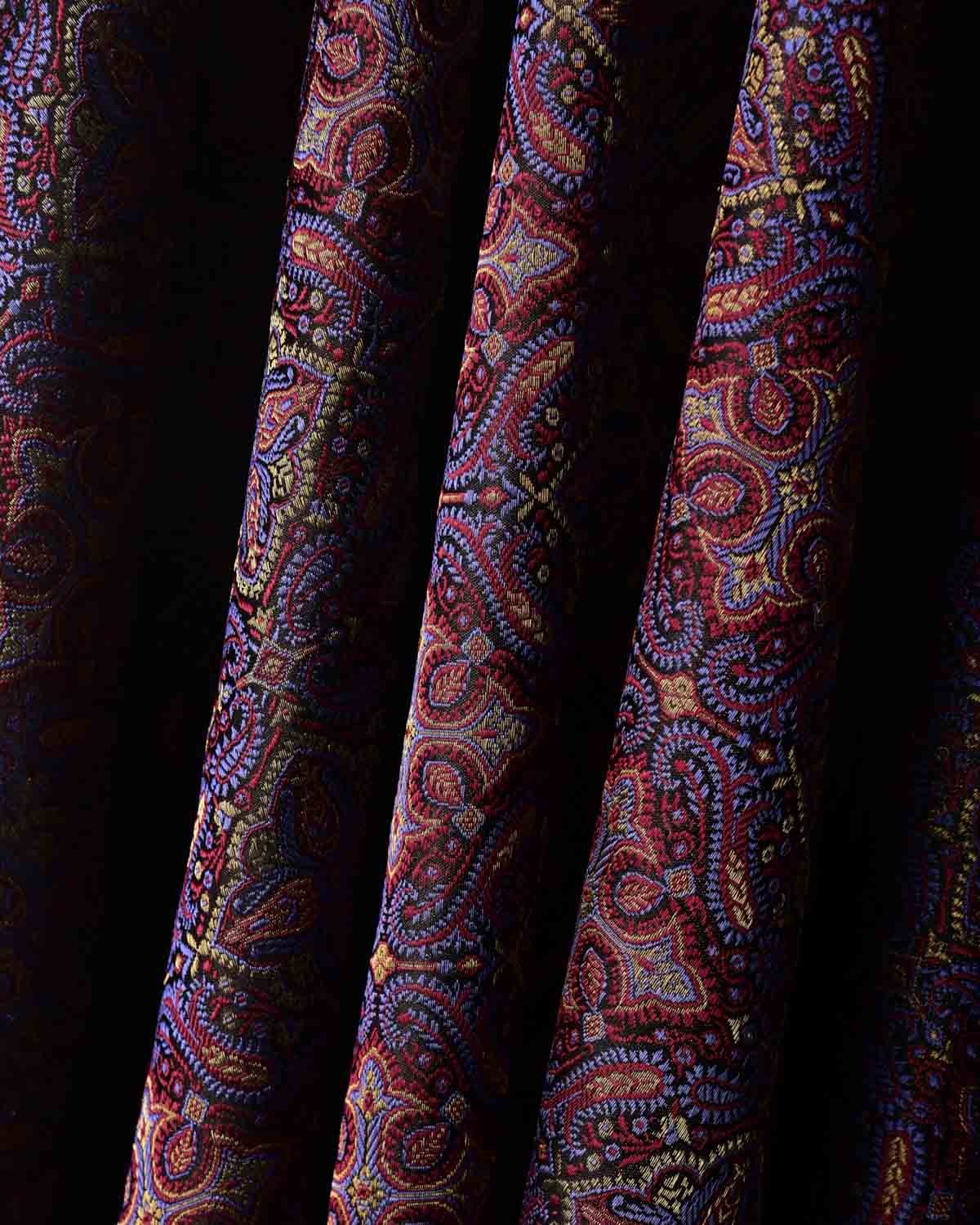 Black Traditional Tehra Jamawar Handwoven Katan Silk Banarasi Fabric with Gold Zari-HolyWeaves