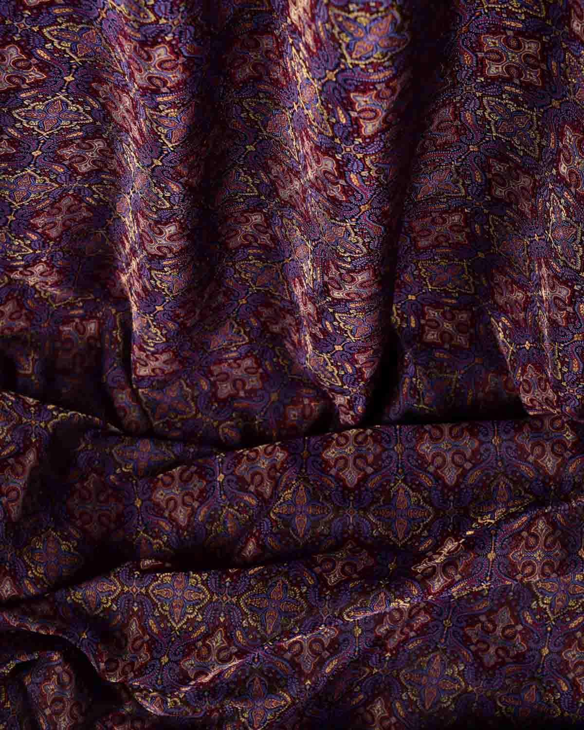 Black Traditional Tehra Jamawar Handwoven Katan Silk Banarasi Fabric with Gold Zari-HolyWeaves