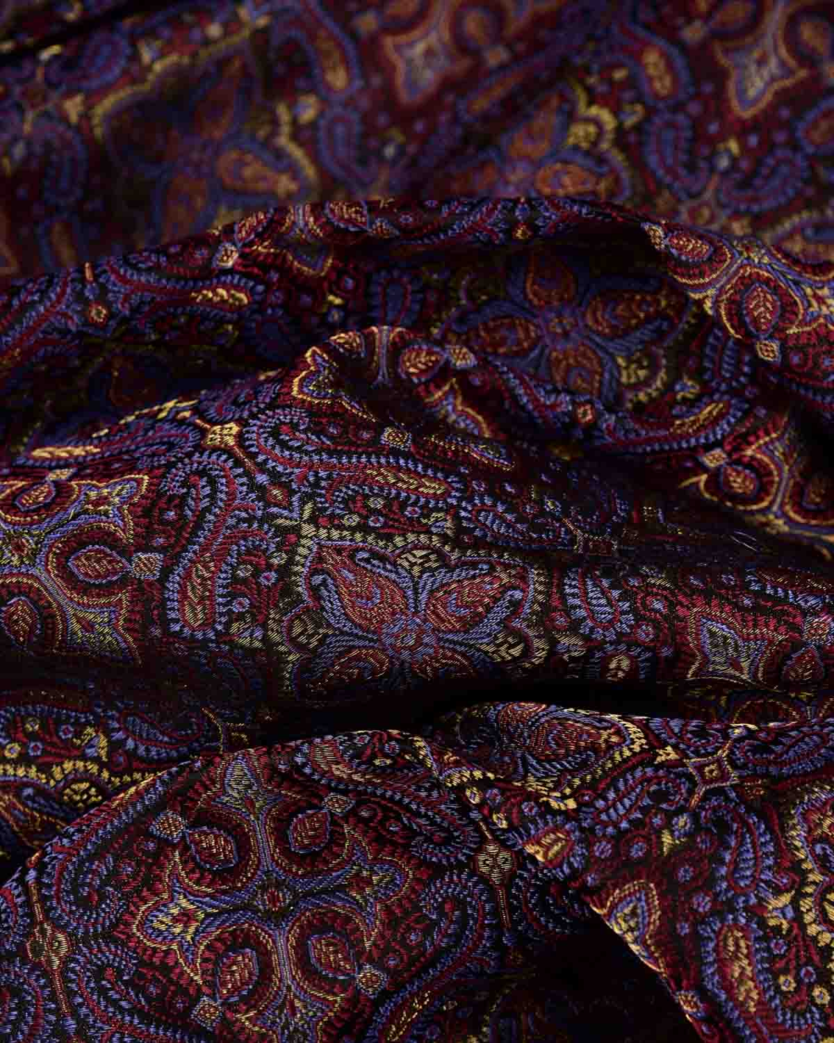 Black Traditional Tehra Jamawar Handwoven Katan Silk Banarasi Fabric with Gold Zari-HolyWeaves