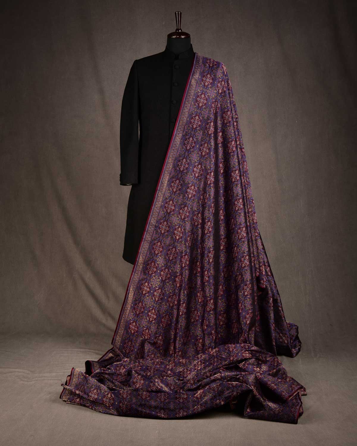 Black Traditional Tehra Jamawar Handwoven Katan Silk Banarasi Fabric with Gold Zari-HolyWeaves