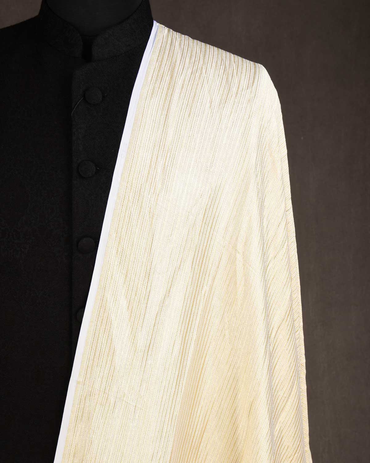 White Gold Zari Narror Stripes Brocade Handwoven Khaddi Georgette Banarasi Fabric-HolyWeaves