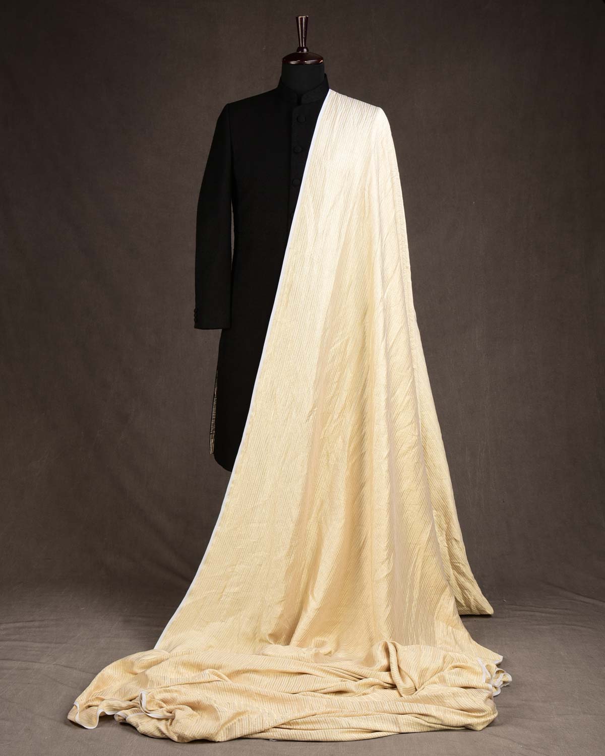 White Gold Zari Narror Stripes Brocade Handwoven Khaddi Georgette Banarasi Fabric-HolyWeaves