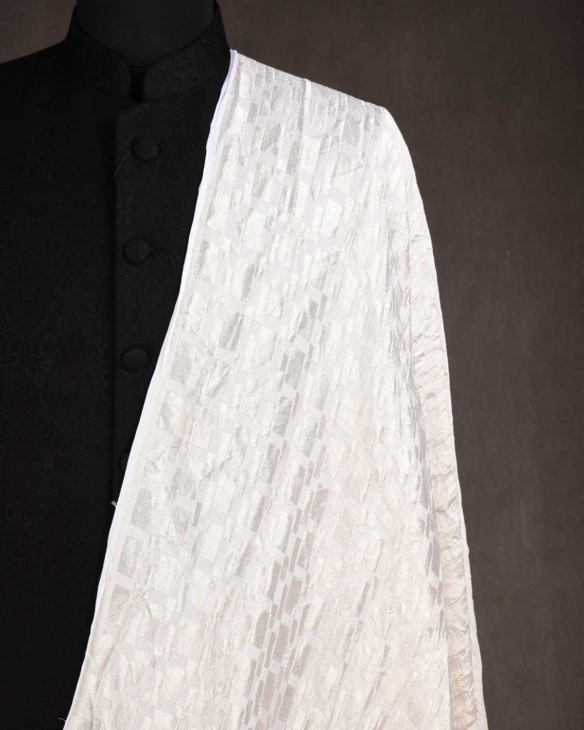 White Silver Zari Grids Brocade Handwoven Khaddi Georgette Banarasi Fabric-HolyWeaves