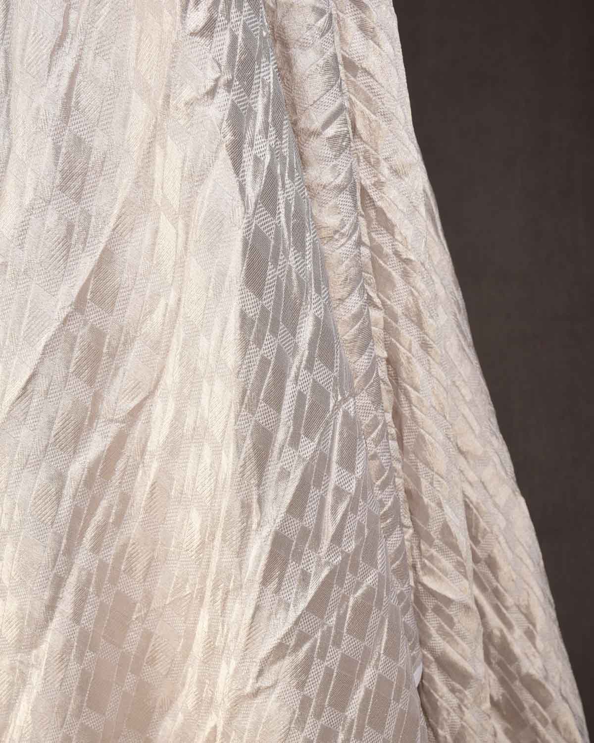 White Silver Zari Grids Brocade Handwoven Khaddi Georgette Banarasi Fabric-HolyWeaves