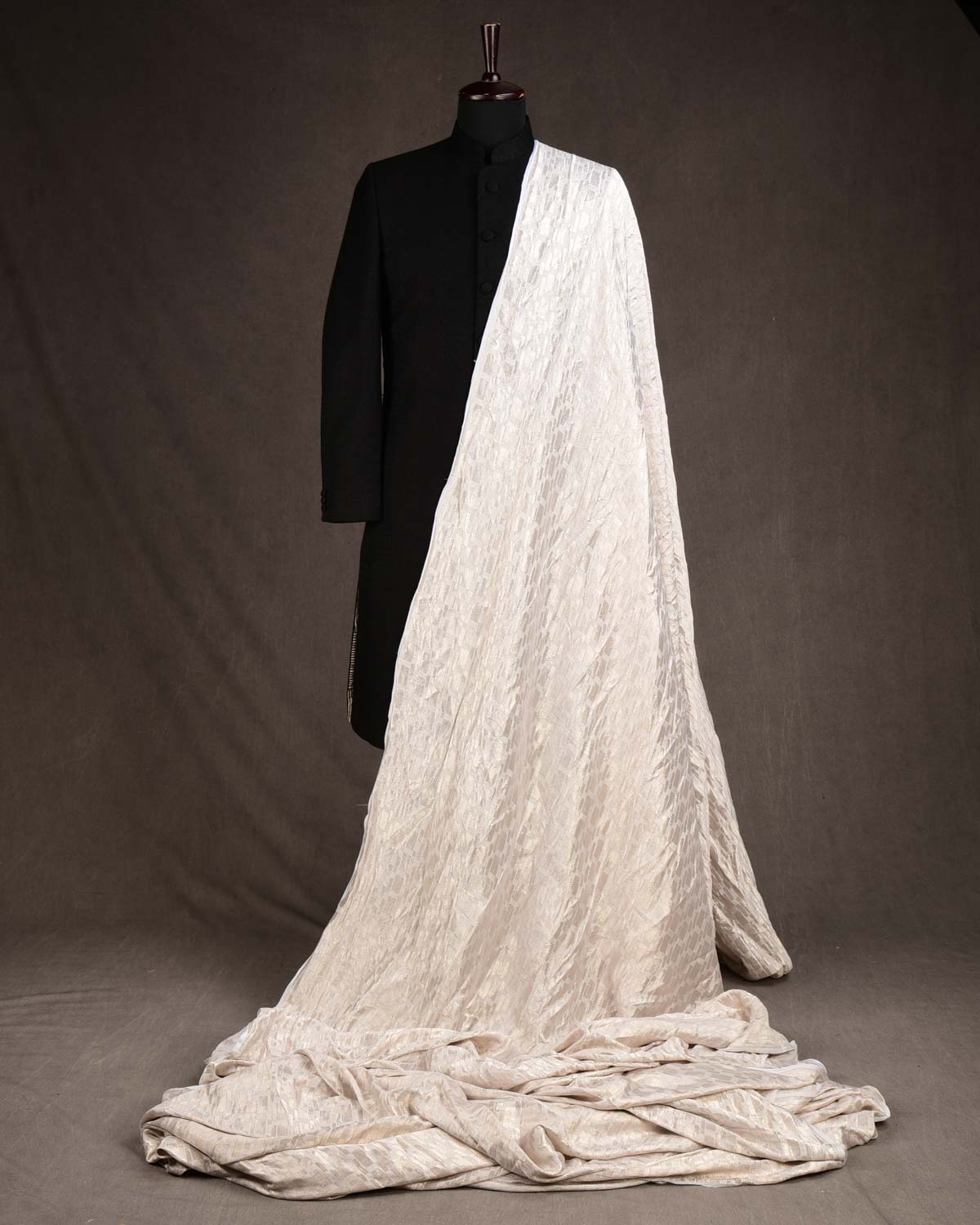 White Silver Zari Grids Brocade Handwoven Khaddi Georgette Banarasi Fabric-HolyWeaves