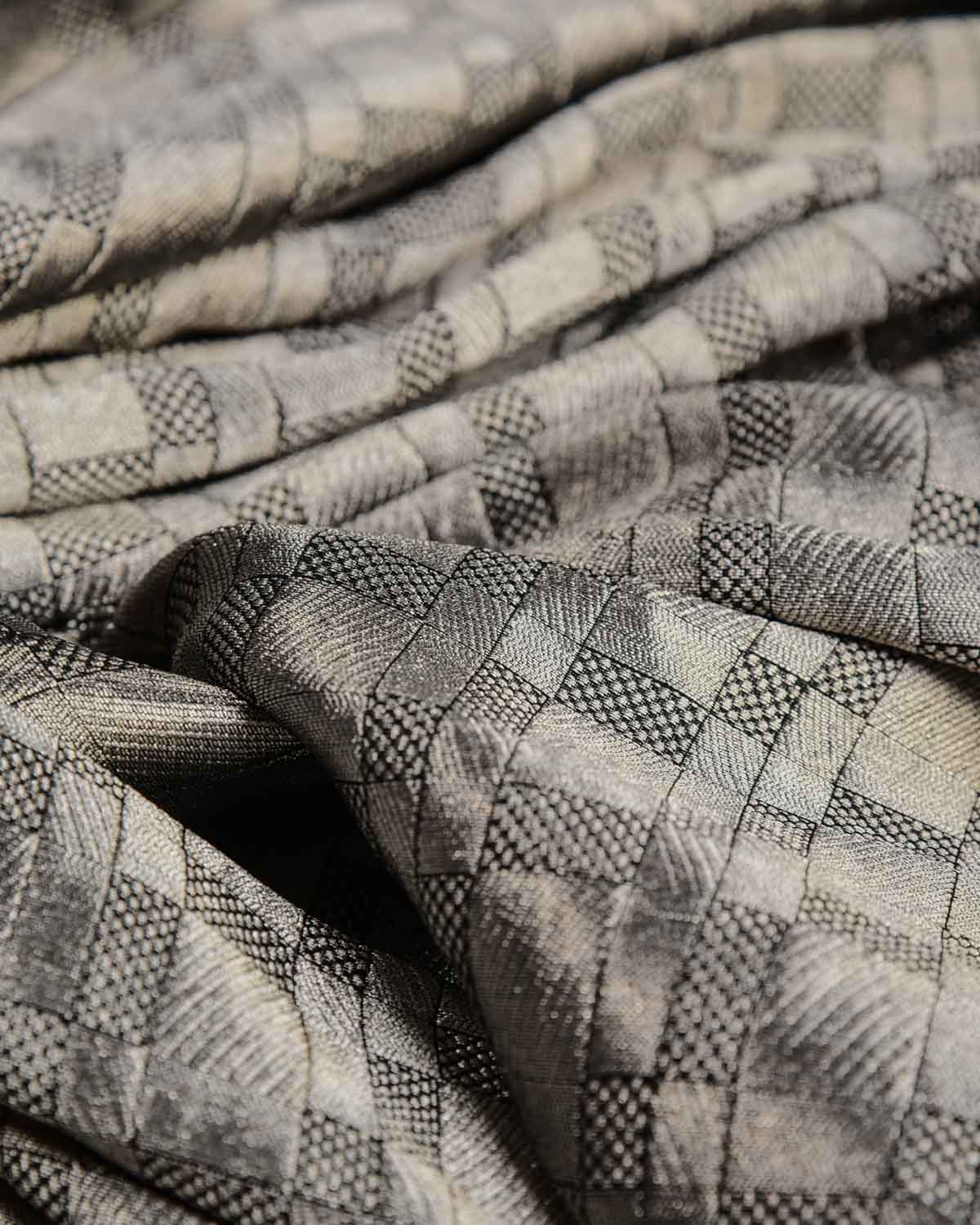 Black Silver Zari Grids Brocade Handwoven Khaddi Georgette Banarasi Fabric