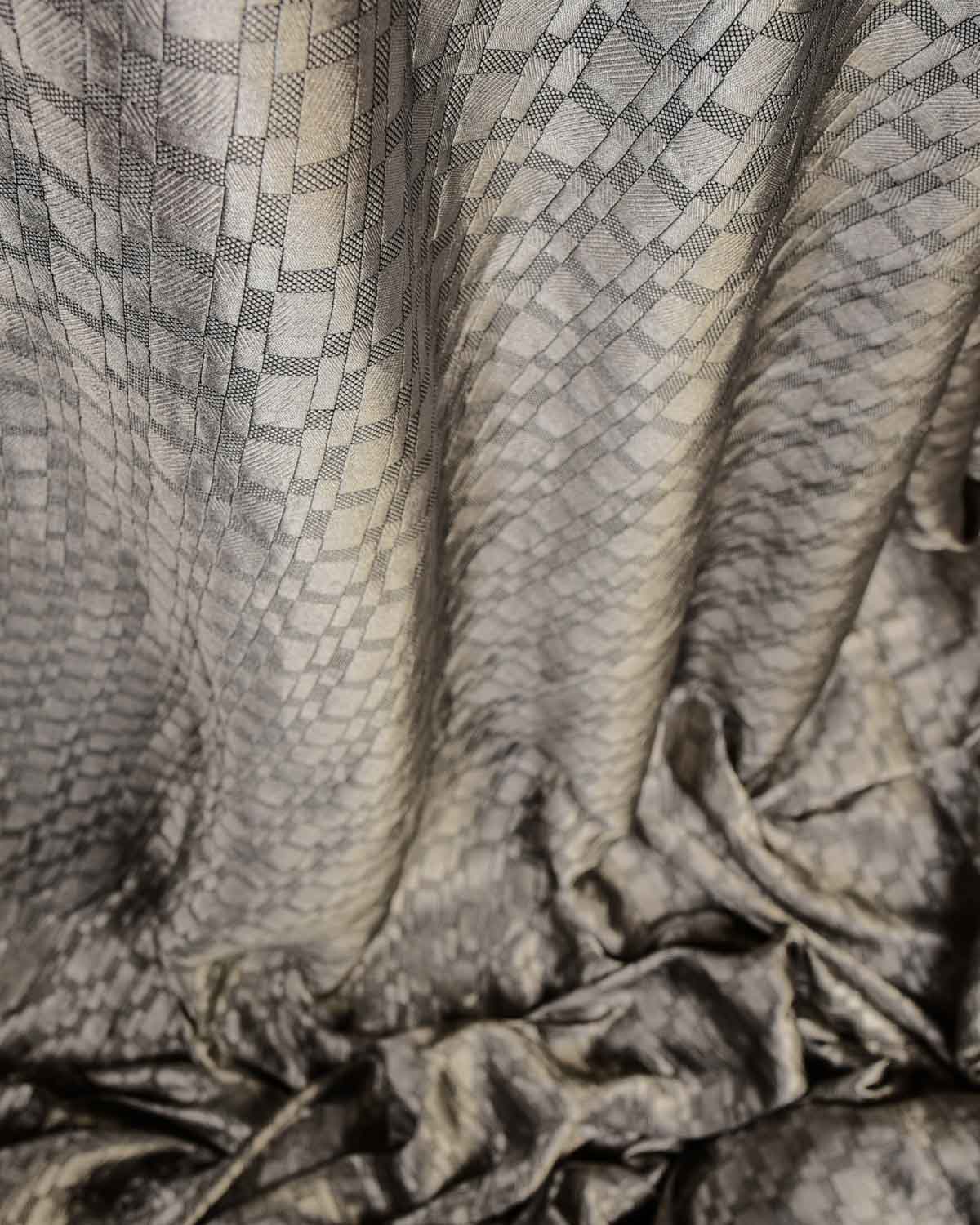Black Silver Zari Grids Brocade Handwoven Khaddi Georgette Banarasi Fabric