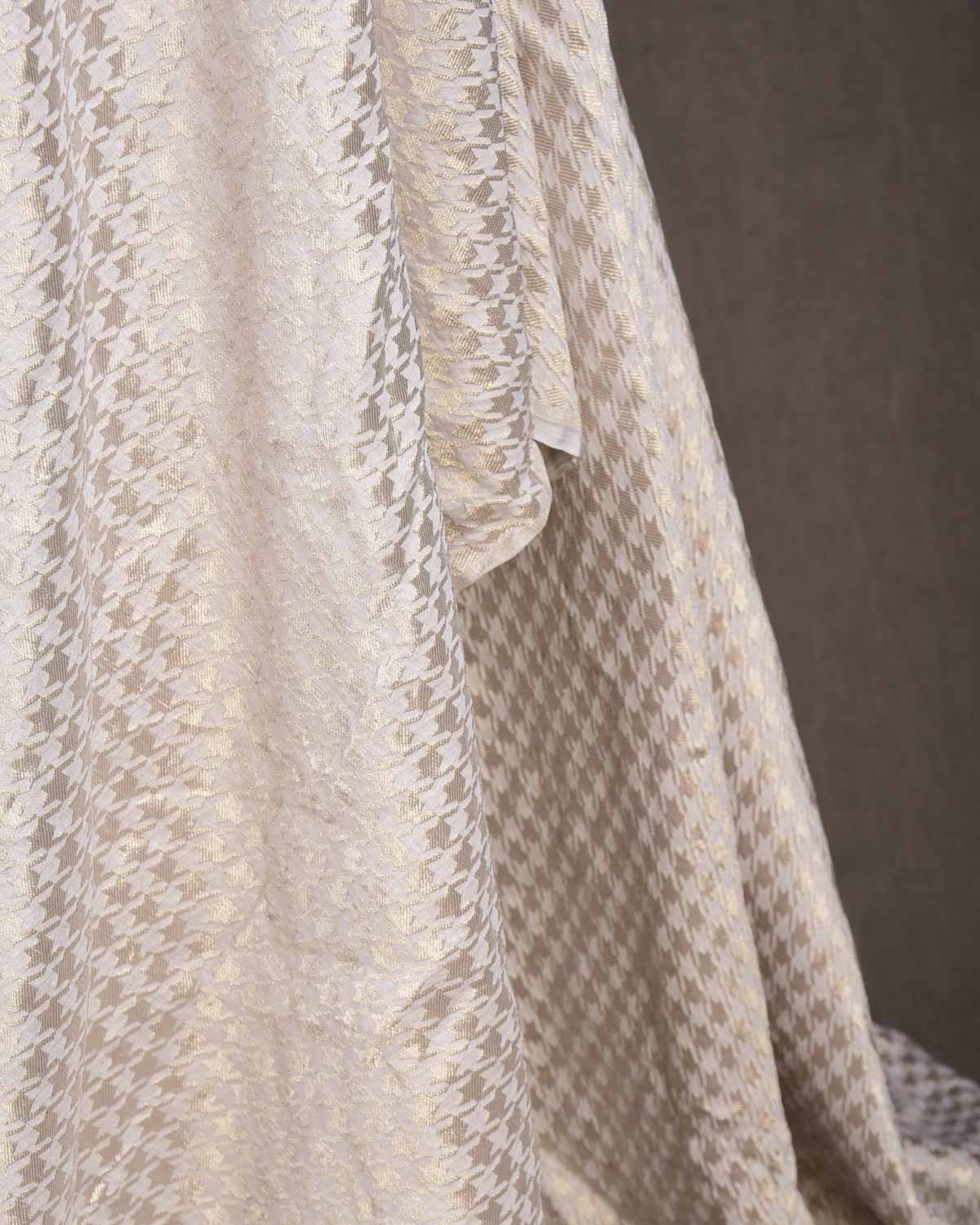 White Silver Zari Houndstooth Brocade Handwoven Khaddi Georgette Banarasi Fabric-HolyWeaves