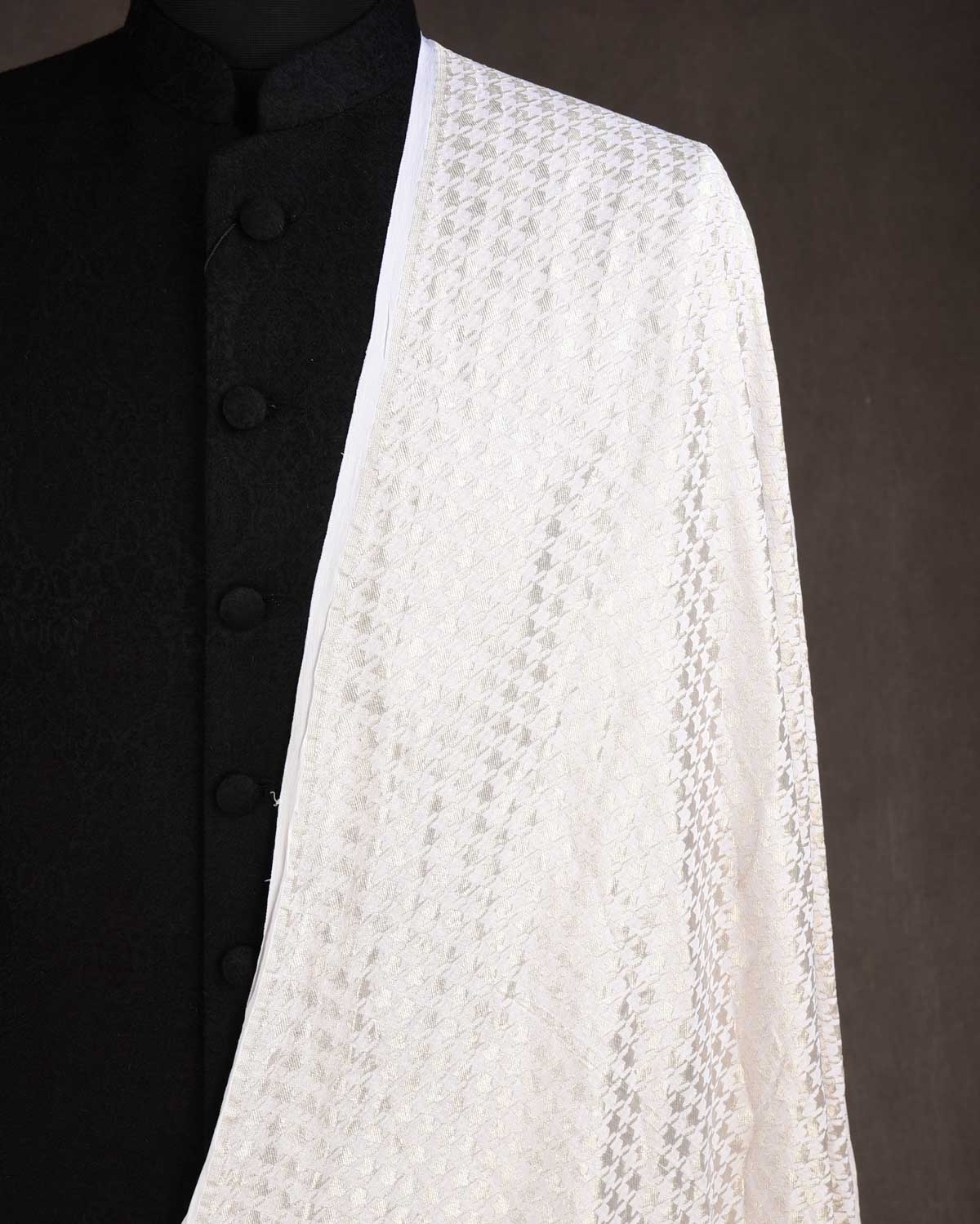 White Silver Zari Houndstooth Brocade Handwoven Khaddi Georgette Banarasi Fabric-HolyWeaves