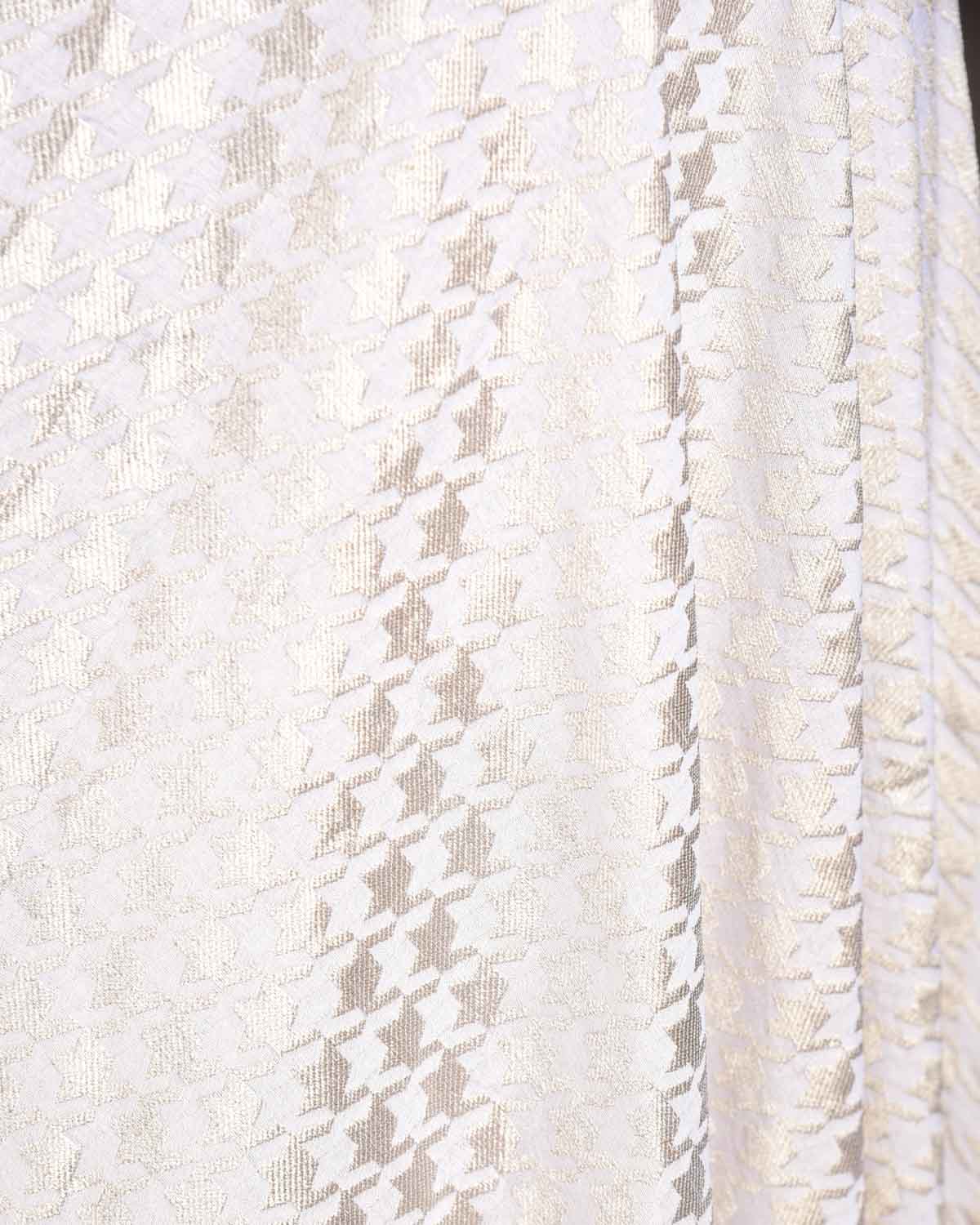 White Silver Zari Houndstooth Brocade Handwoven Khaddi Georgette Banarasi Fabric-HolyWeaves