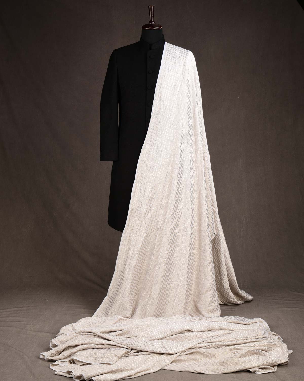 White Silver Zari Houndstooth Brocade Handwoven Khaddi Georgette Banarasi Fabric-HolyWeaves