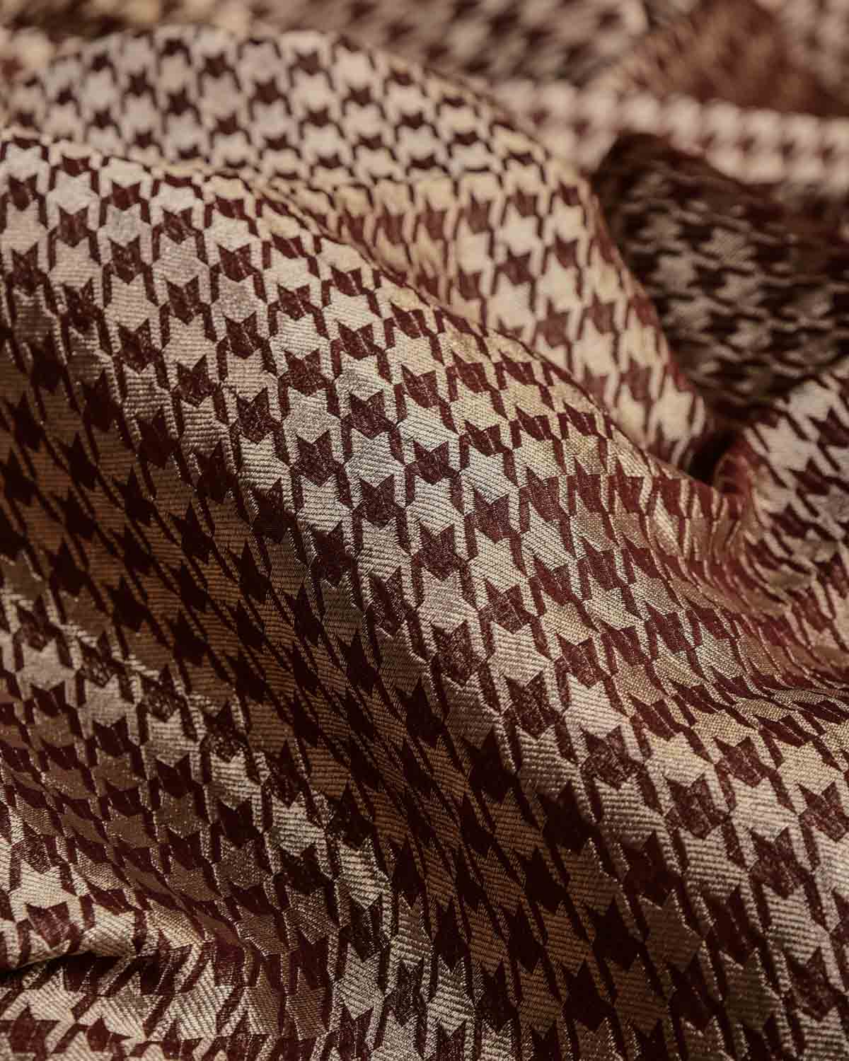 Mahogany Silver Zari Houndstooth Brocade Handwoven Khaddi Georgette Banarasi Fabric
