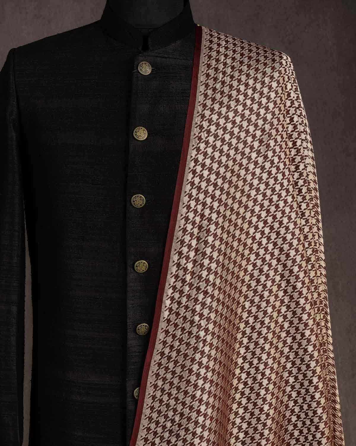 Mahogany Silver Zari Houndstooth Brocade Handwoven Khaddi Georgette Banarasi Fabric
