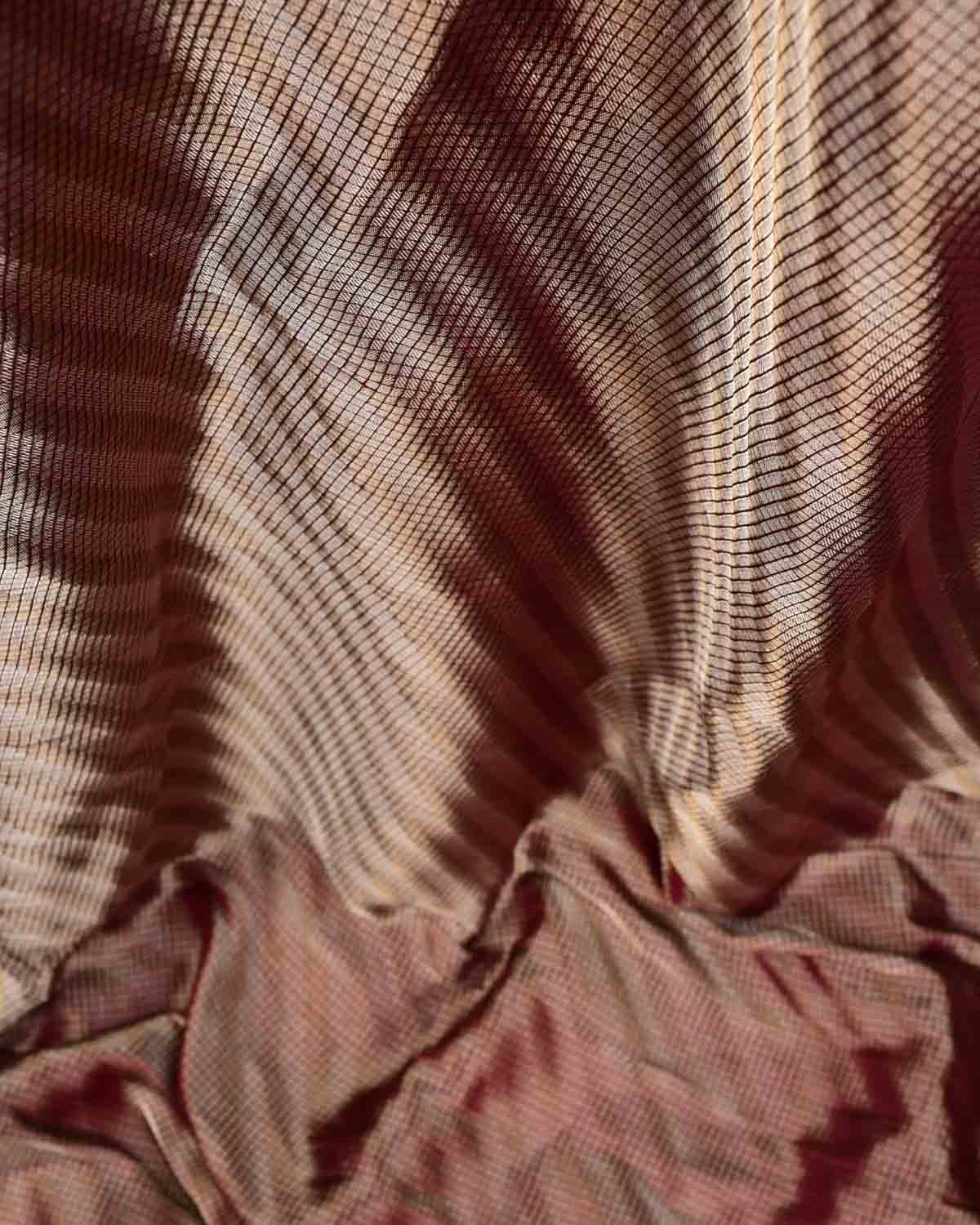 Metallic Maroon Gold & Silver Zari Chequered Diagonal Brocade Handwoven Katan Silk Banarasi Fabric-HolyWeaves