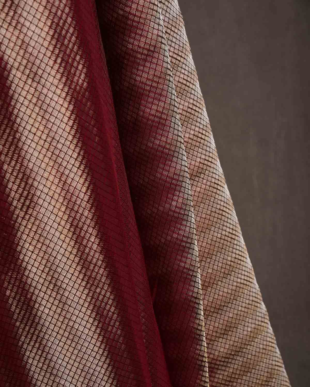 Metallic Maroon Gold & Silver Zari Chequered Diagonal Brocade Handwoven Katan Silk Banarasi Fabric-HolyWeaves