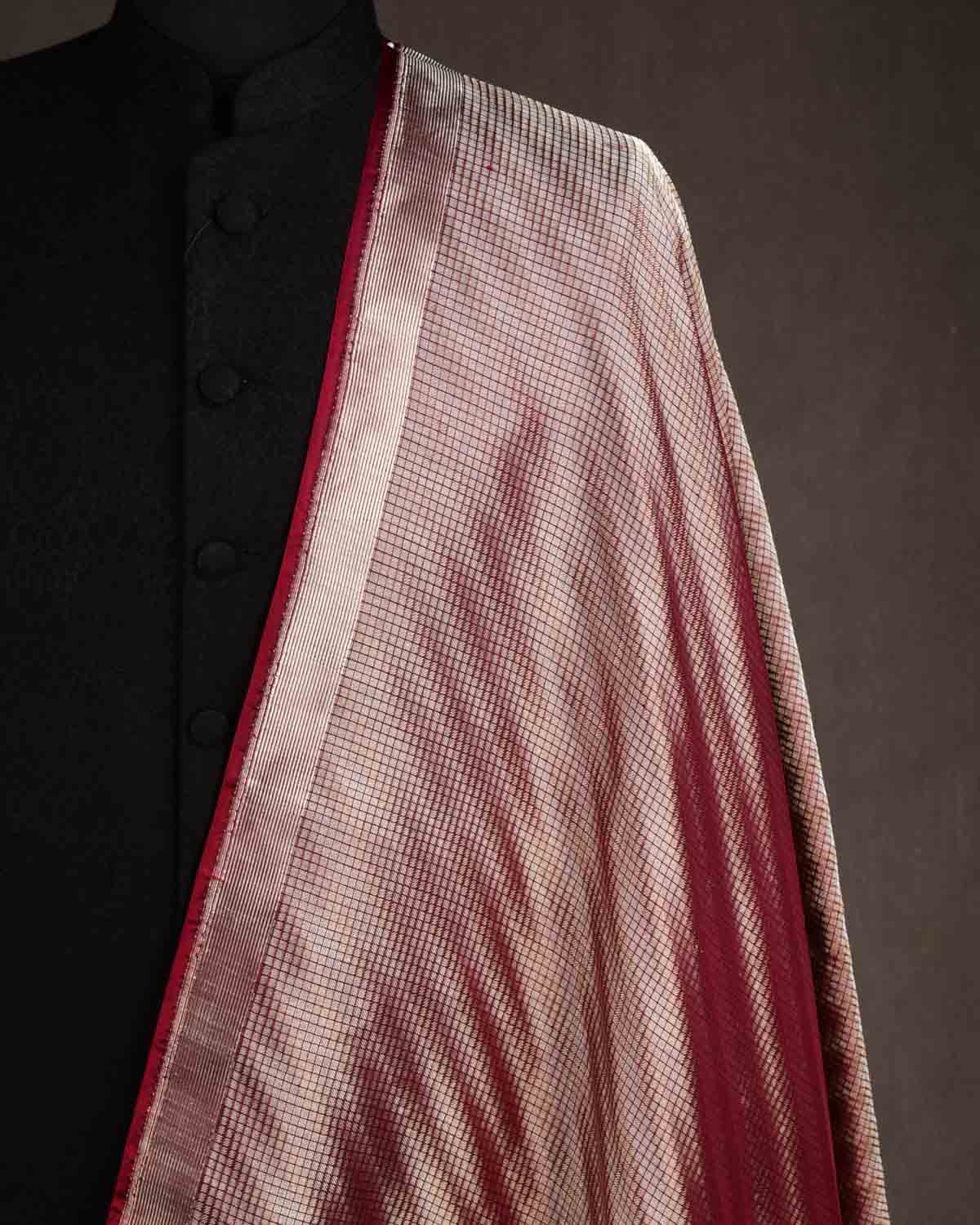 Metallic Maroon Gold & Silver Zari Chequered Diagonal Brocade Handwoven Katan Silk Banarasi Fabric-HolyWeaves