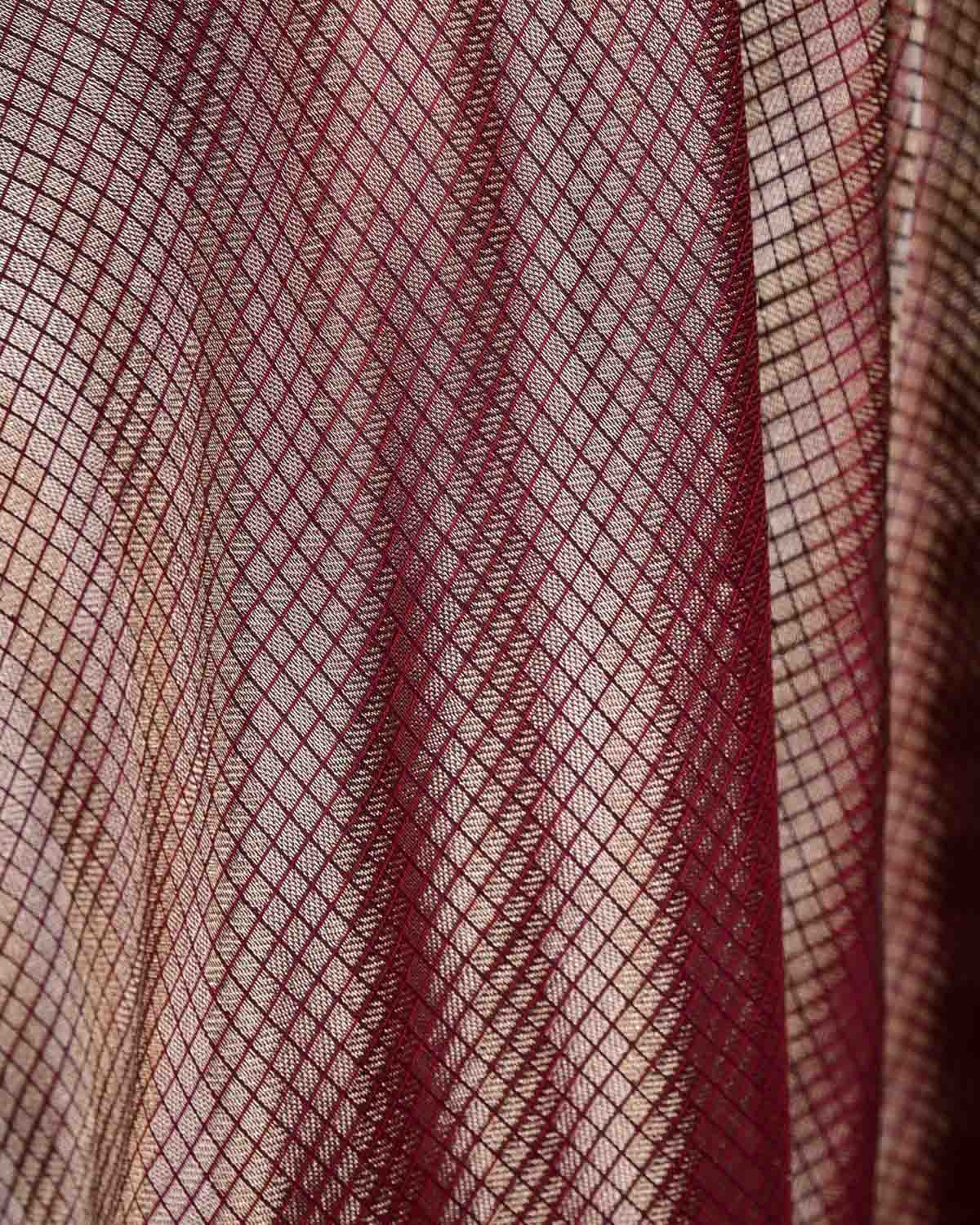 Metallic Maroon Gold & Silver Zari Chequered Diagonal Brocade Handwoven Katan Silk Banarasi Fabric-HolyWeaves