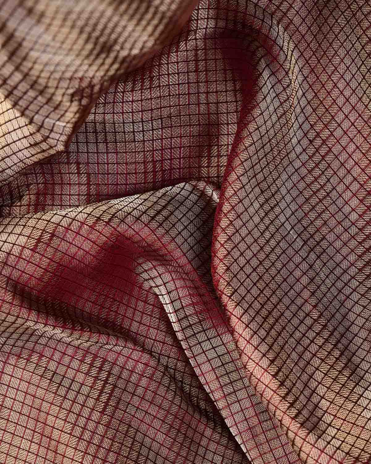 Metallic Maroon Gold & Silver Zari Chequered Diagonal Brocade Handwoven Katan Silk Banarasi Fabric-HolyWeaves