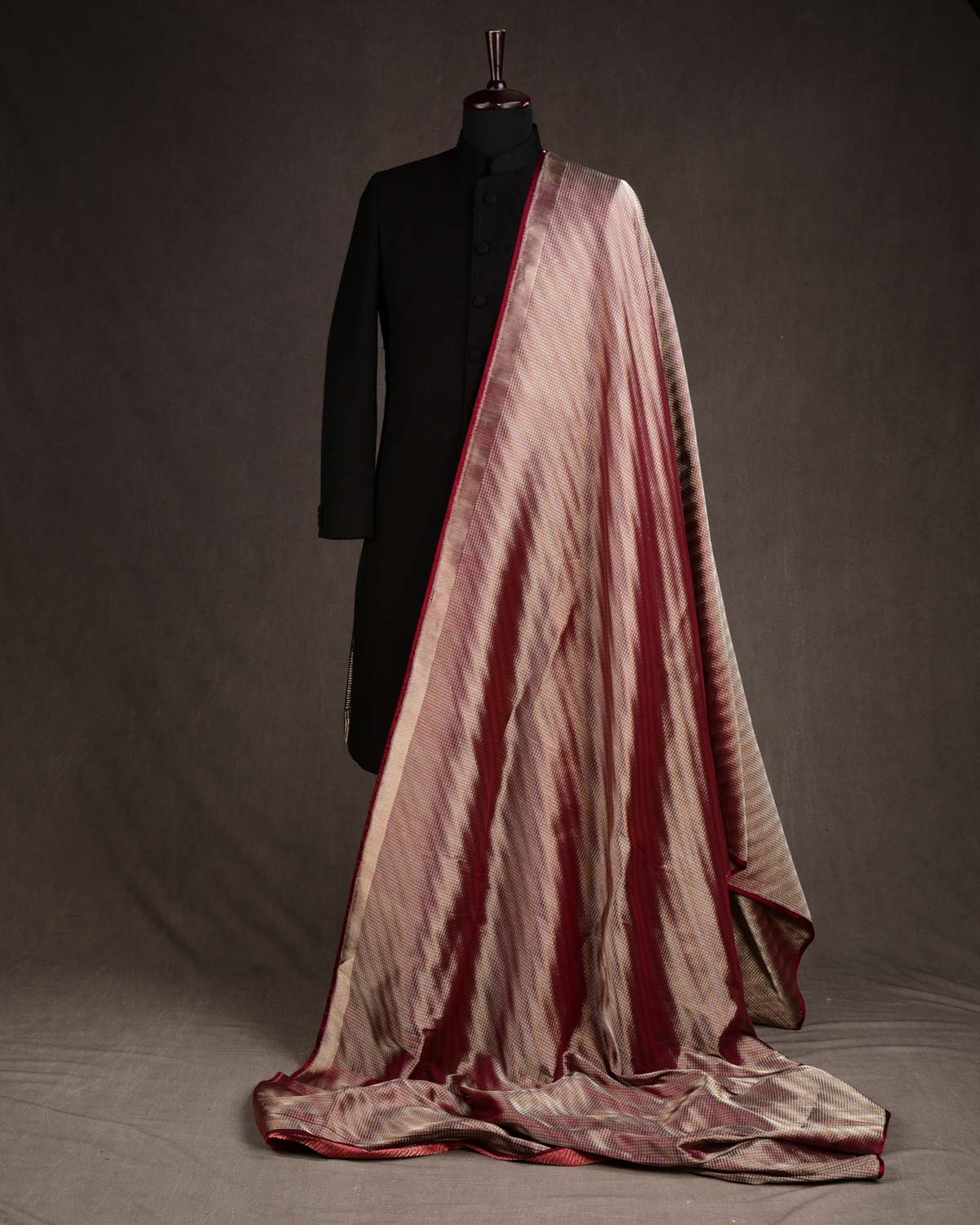 Metallic Maroon Gold & Silver Zari Chequered Diagonal Brocade Handwoven Katan Silk Banarasi Fabric-HolyWeaves