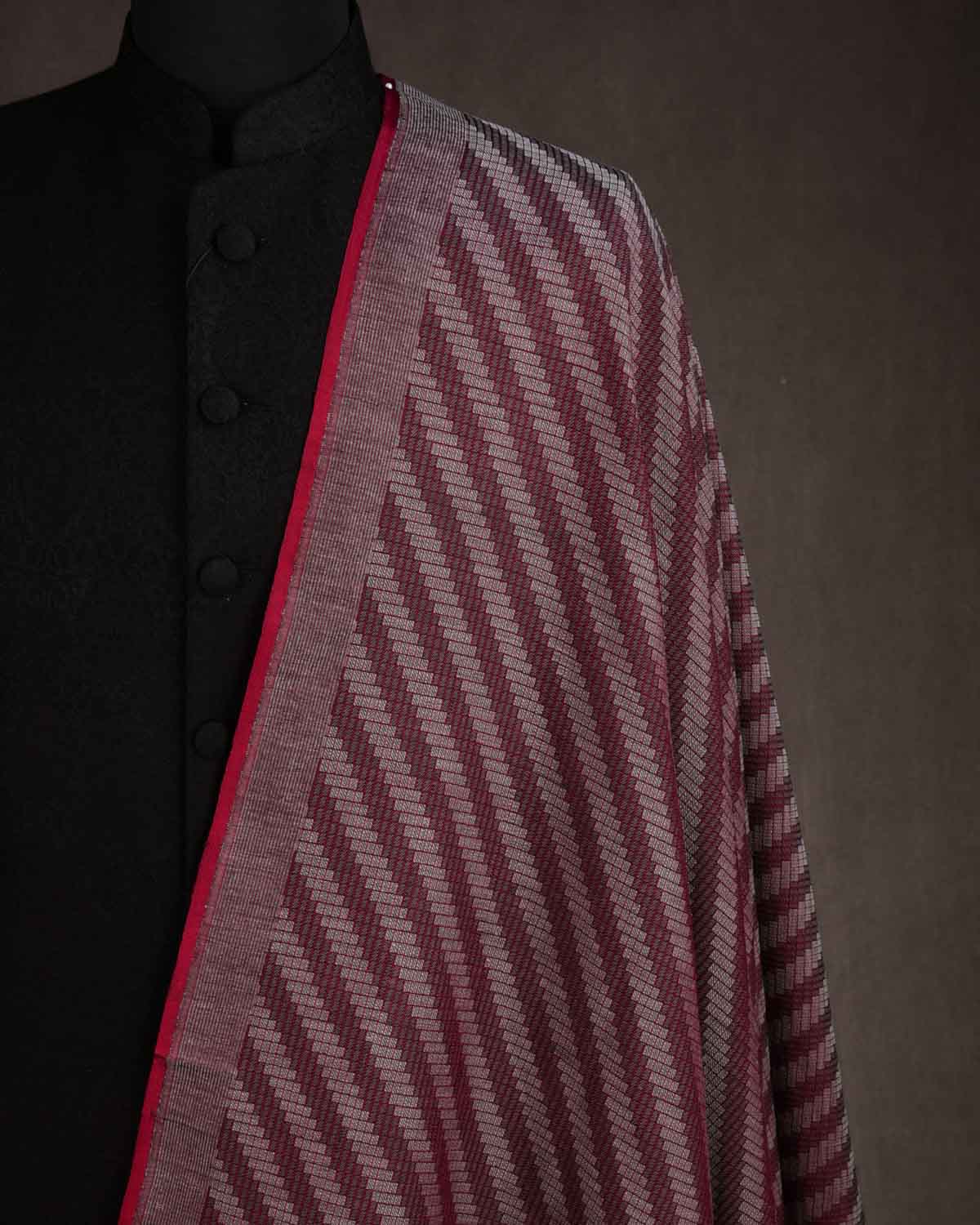 Blush Gray Chequered Diagonal Brocade Handwoven Silk Wool Banarasi Fabric-HolyWeaves