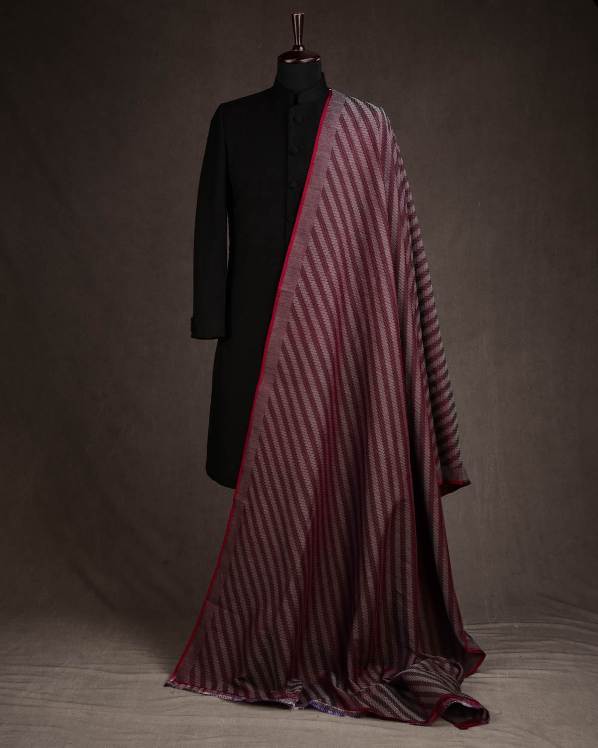 Blush Gray Chequered Diagonal Brocade Handwoven Silk Wool Banarasi Fabric-HolyWeaves