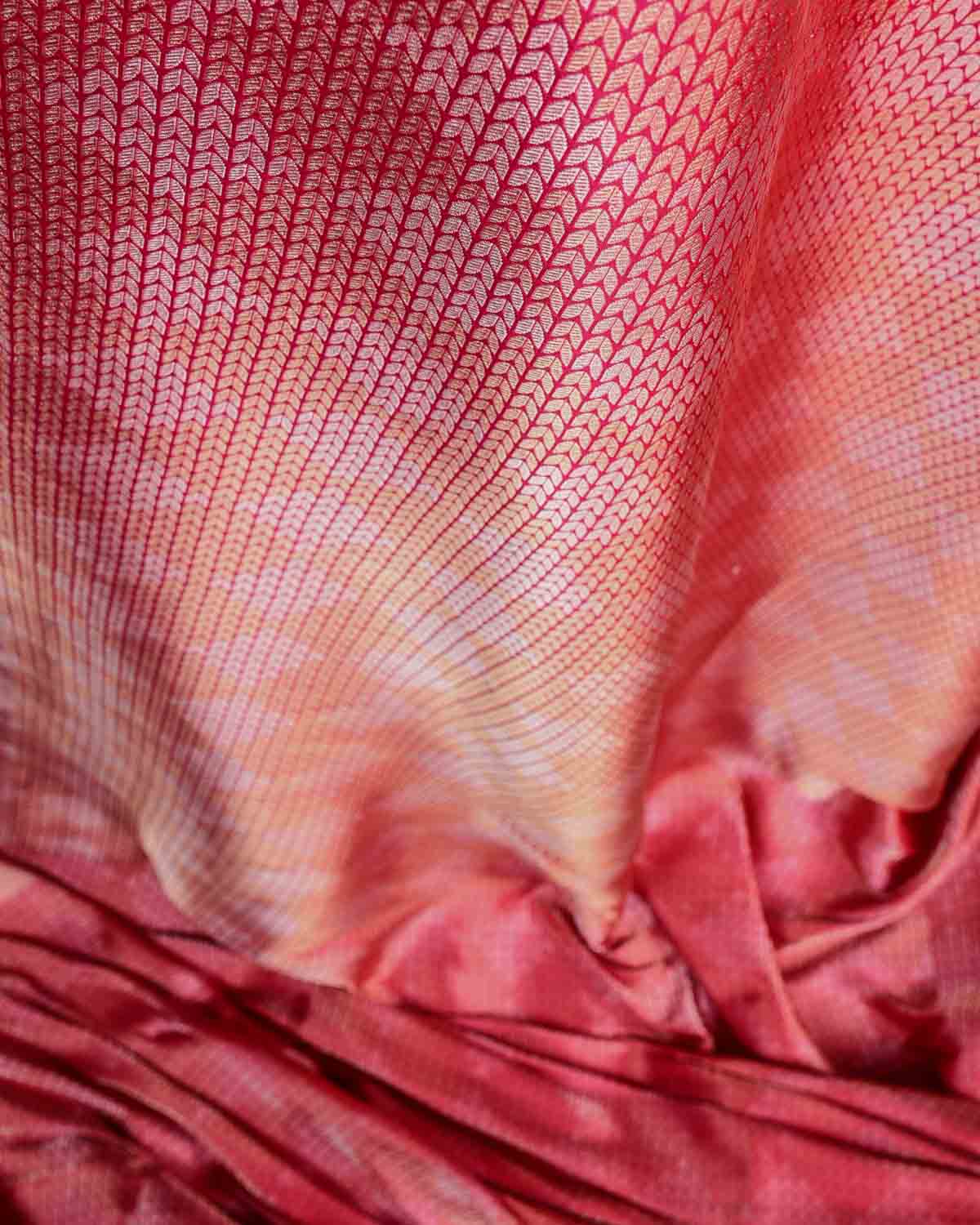 Shot Red-Pink Herringbone Diamond Blocks Brocade Handwoven Katan Silk Banarasi Fabric-HolyWeaves