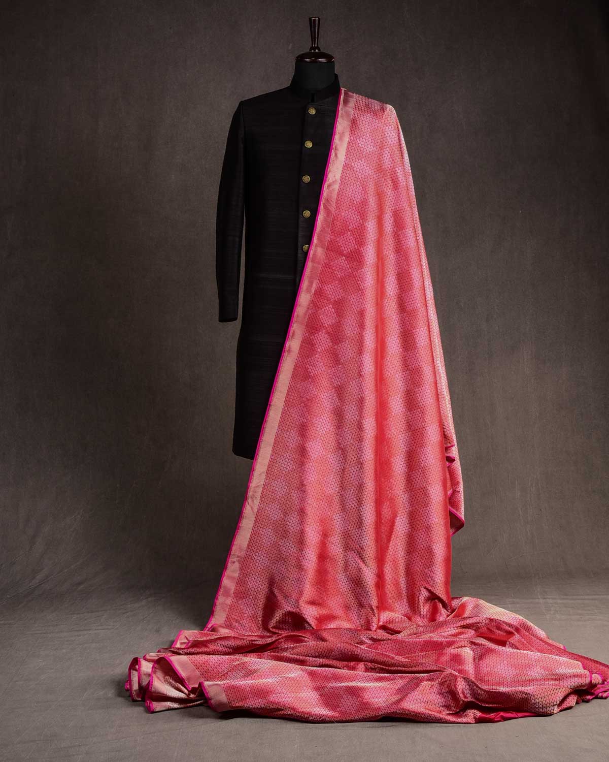 Shot Red-Pink Herringbone Diamond Blocks Brocade Handwoven Katan Silk Banarasi Fabric-HolyWeaves