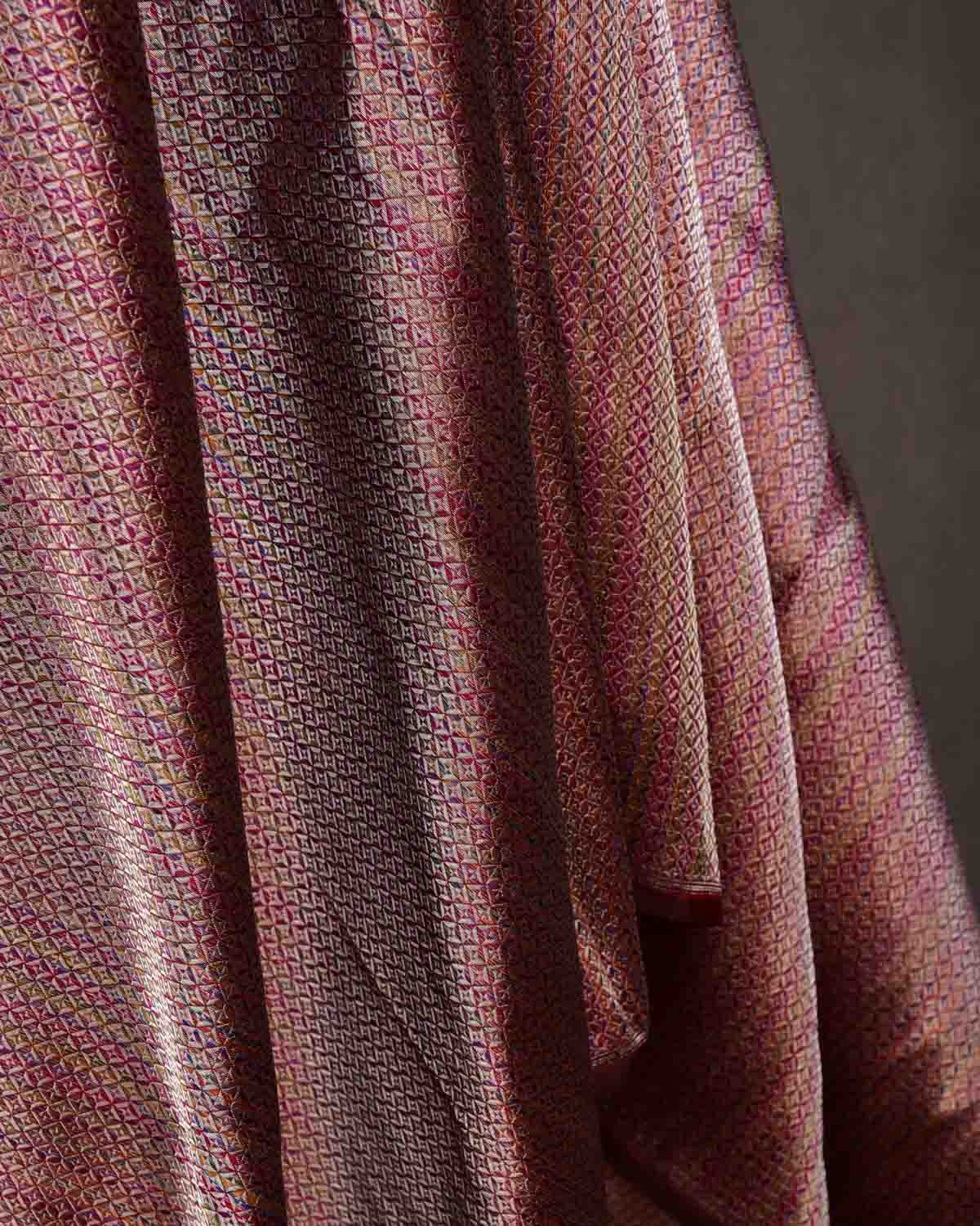 Metallic Multi-color Diamond Grids Brocade Handwoven Katan Silk Banarasi Fabric-HolyWeaves