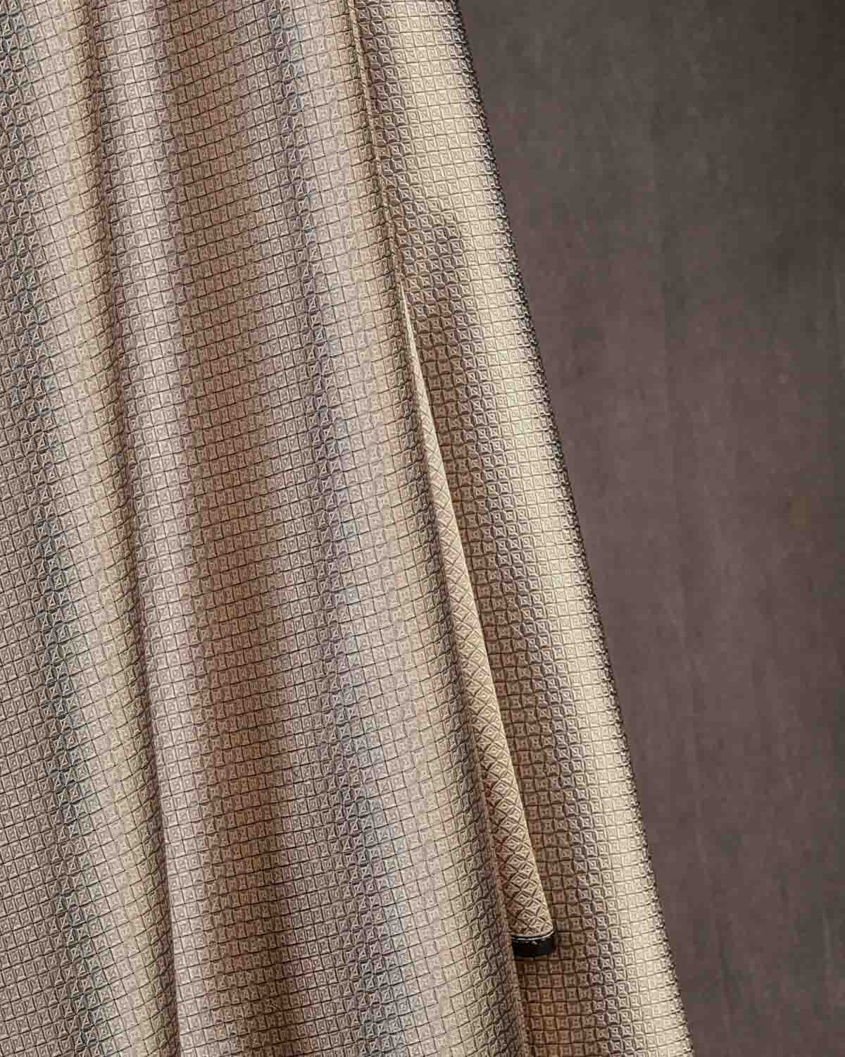 Black Gold & Silver Double Zari Diamond Grids Brocade Handwoven Katan Silk Banarasi Fabric-HolyWeaves