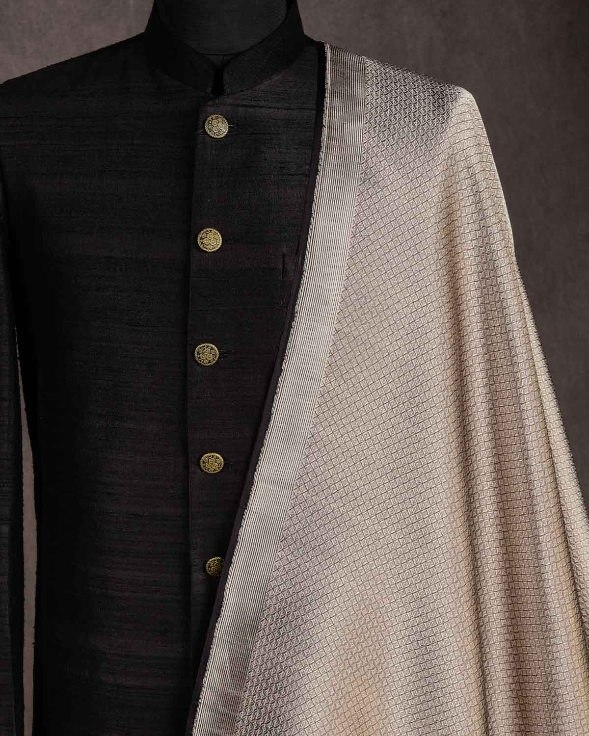 Black Gold & Silver Double Zari Diamond Grids Brocade Handwoven Katan Silk Banarasi Fabric-HolyWeaves