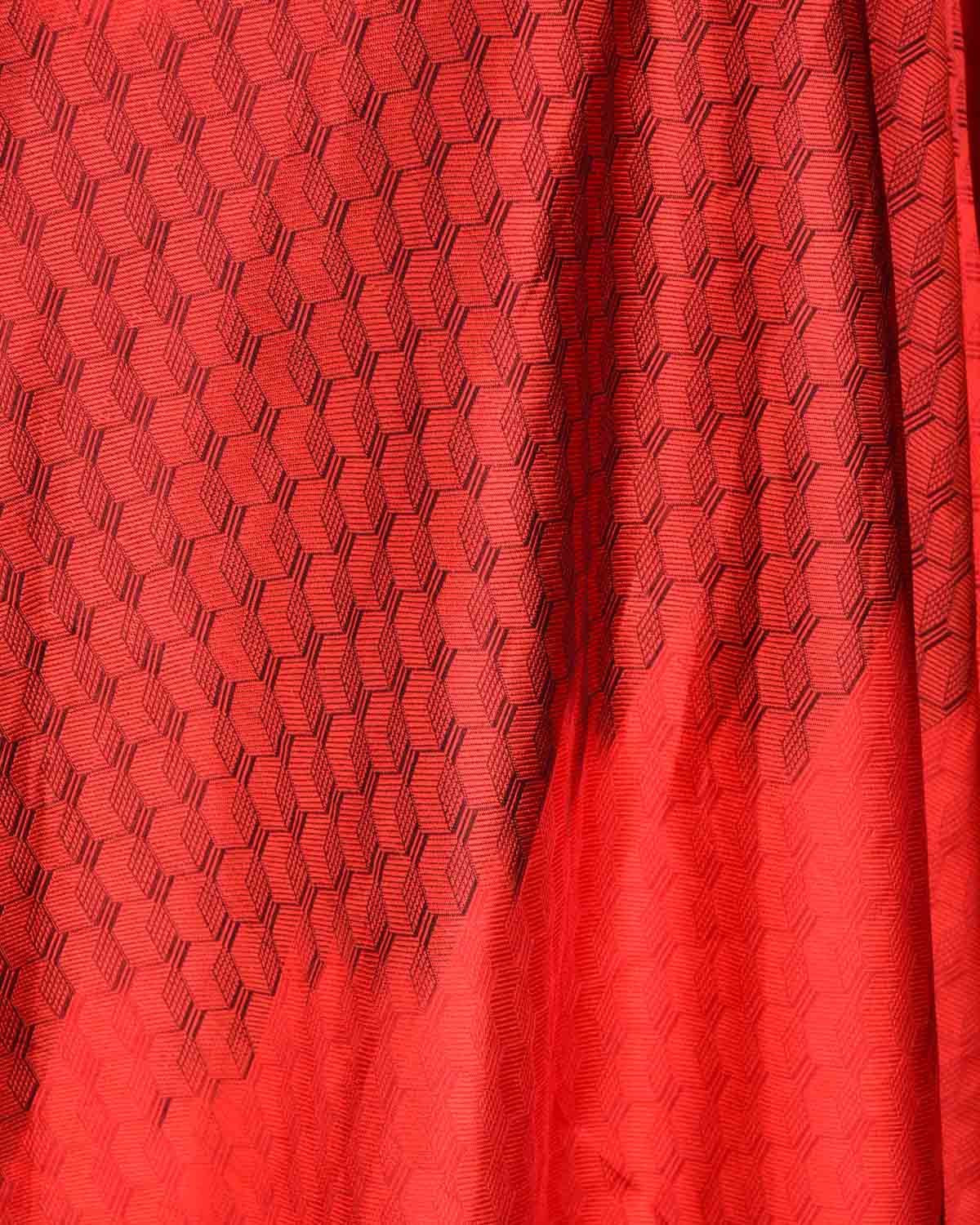 Ombre Maroon Red Geometric Tanchoi Handwoven Katan Silk Banarasi Fabric-HolyWeaves