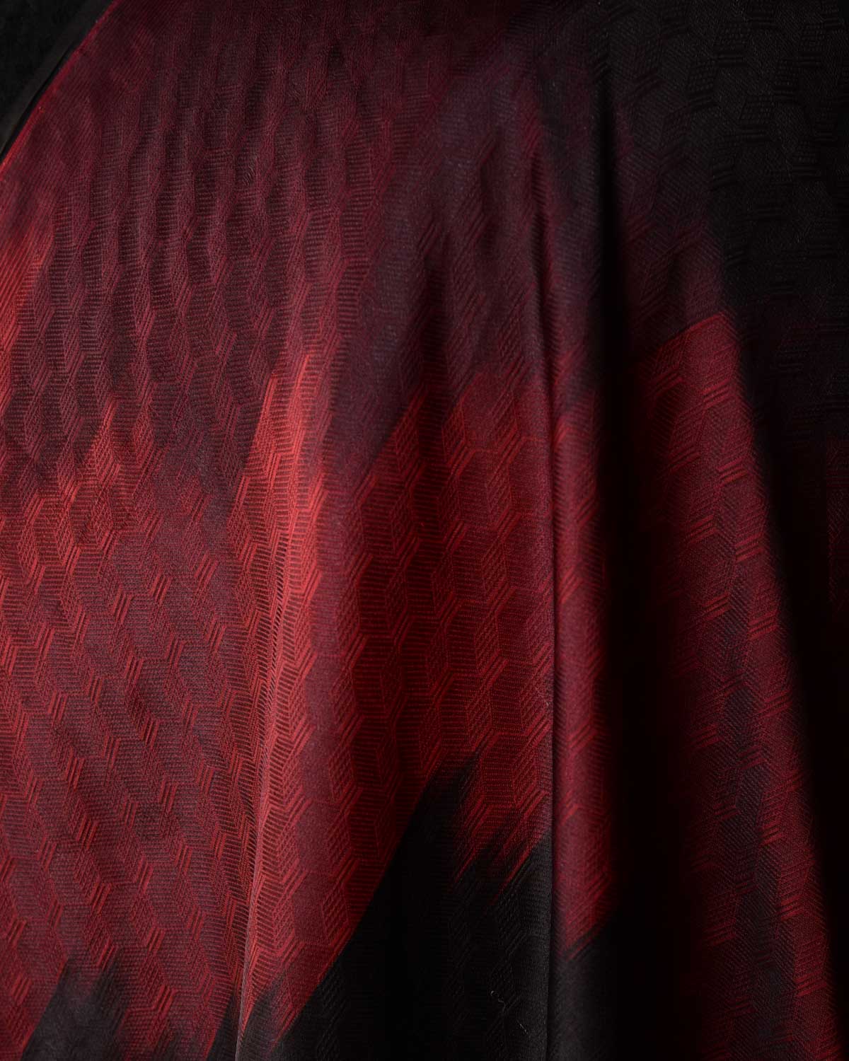 Ombre Maroon Black Geometric Tanchoi Handwoven Katan Silk Banarasi Fabric-HolyWeaves