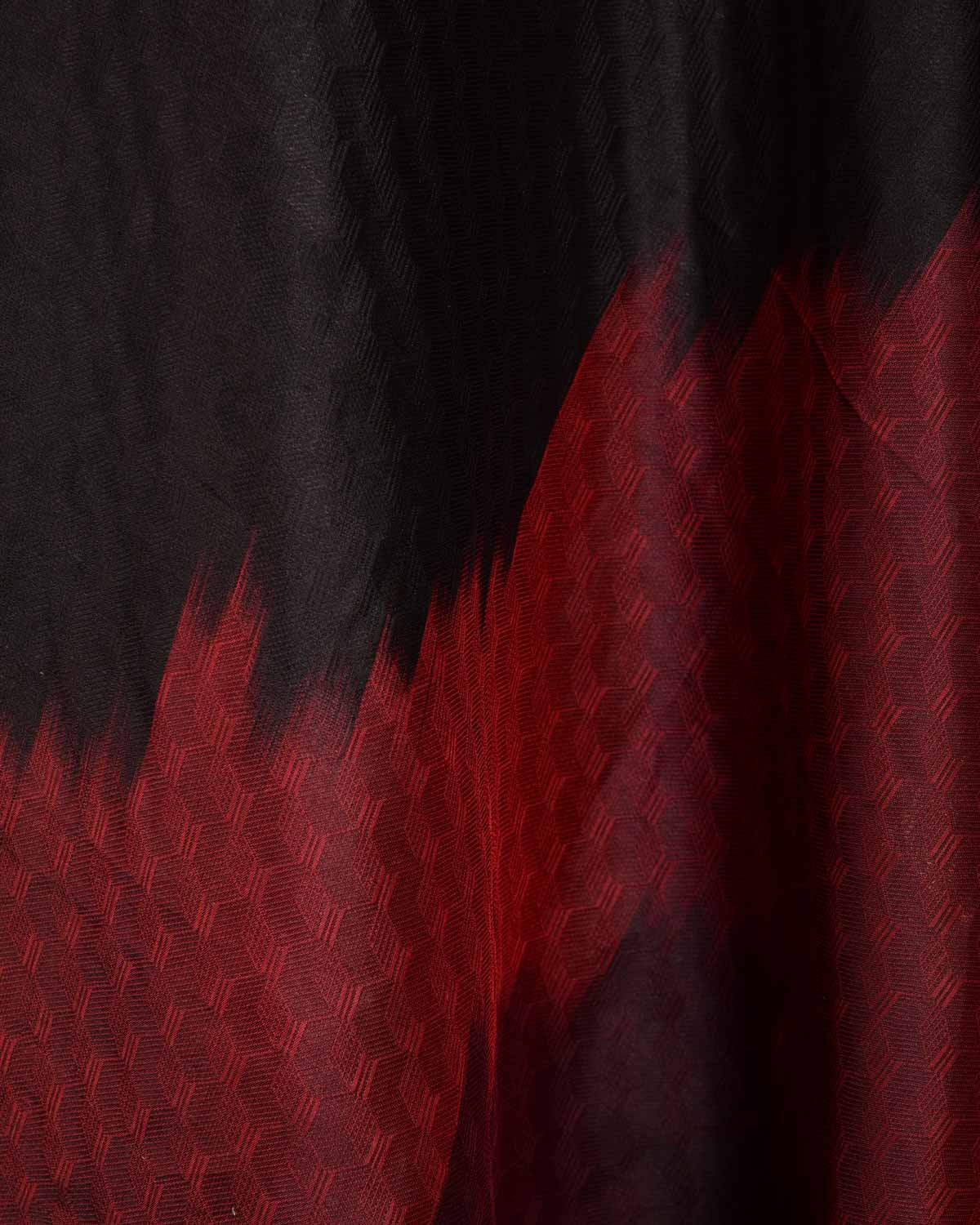 Ombre Maroon Black Geometric Tanchoi Handwoven Katan Silk Banarasi Fabric-HolyWeaves