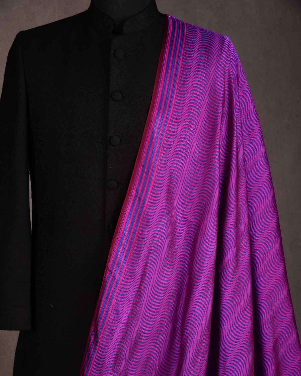 Pink Purple Geometric Illusion Jamawar Handwoven Katan Silk Banarasi Fabric-HolyWeaves