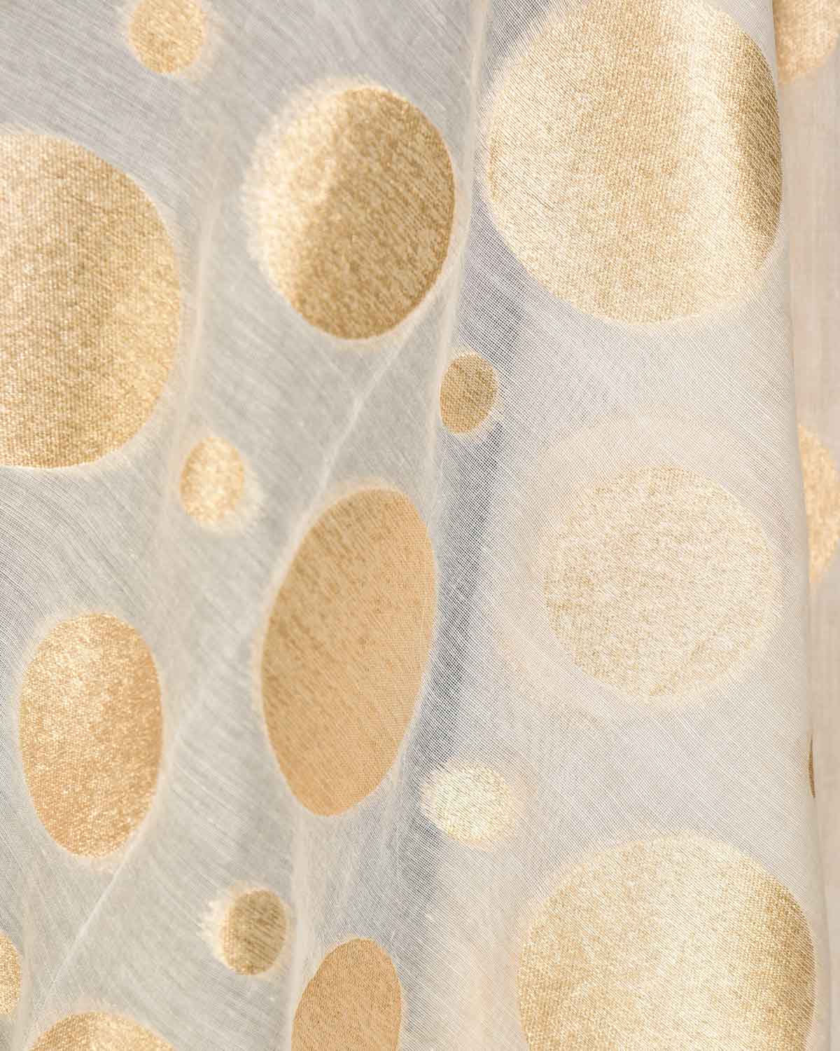 Ivory White Gold Zari Big & Small Polka Dots Cutwork Brocade Woven Cotton Silk Banarasi Fabric-HolyWeaves