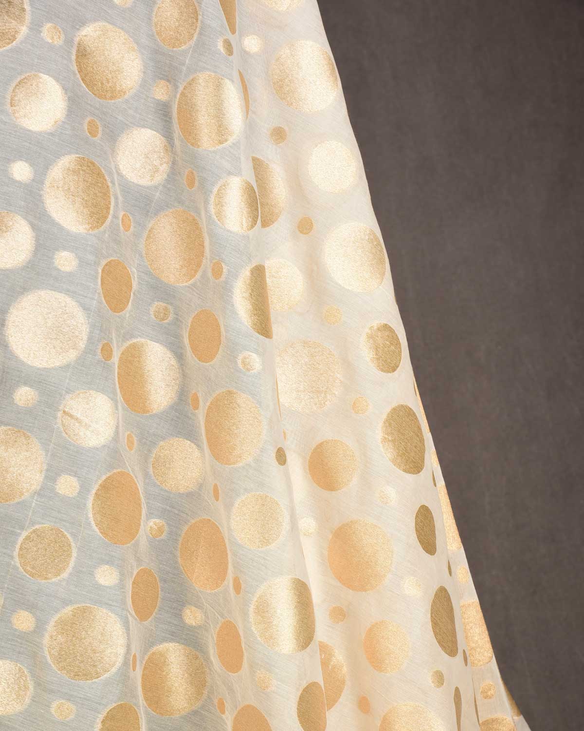 Ivory White Gold Zari Big & Small Polka Dots Cutwork Brocade Woven Cotton Silk Banarasi Fabric-HolyWeaves