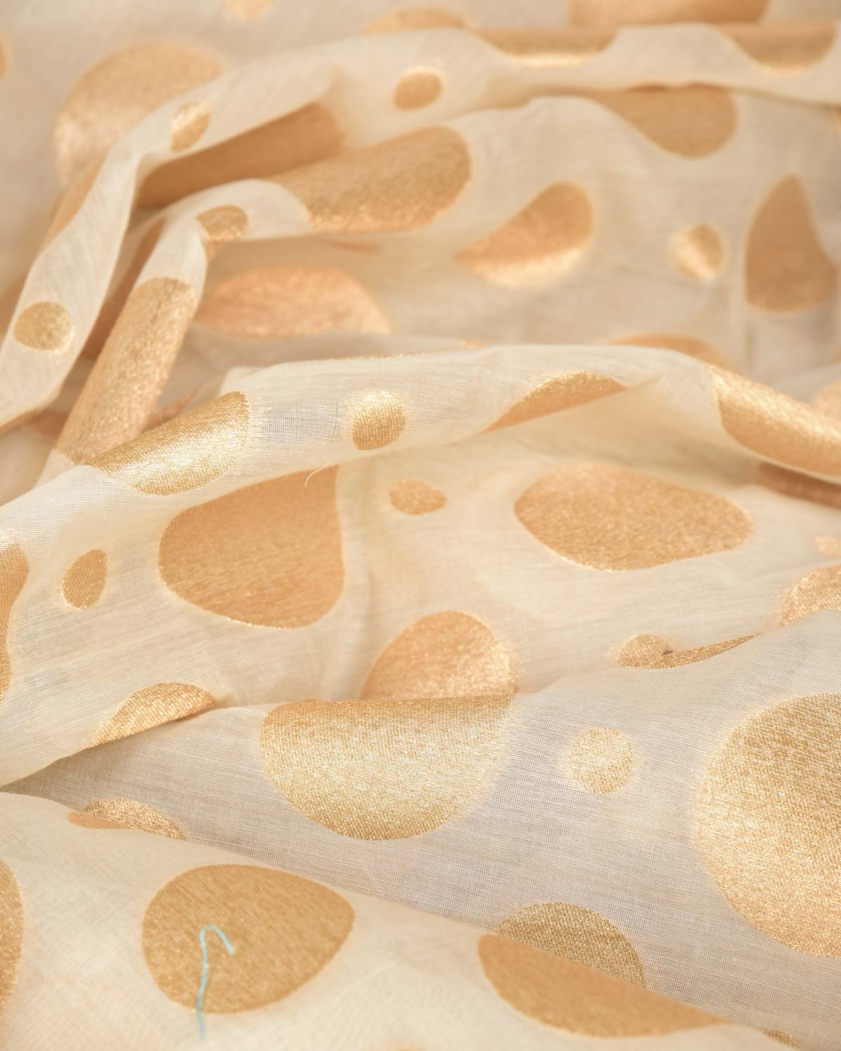 Ivory White Gold Zari Big & Small Polka Dots Cutwork Brocade Woven Cotton Silk Banarasi Fabric-HolyWeaves