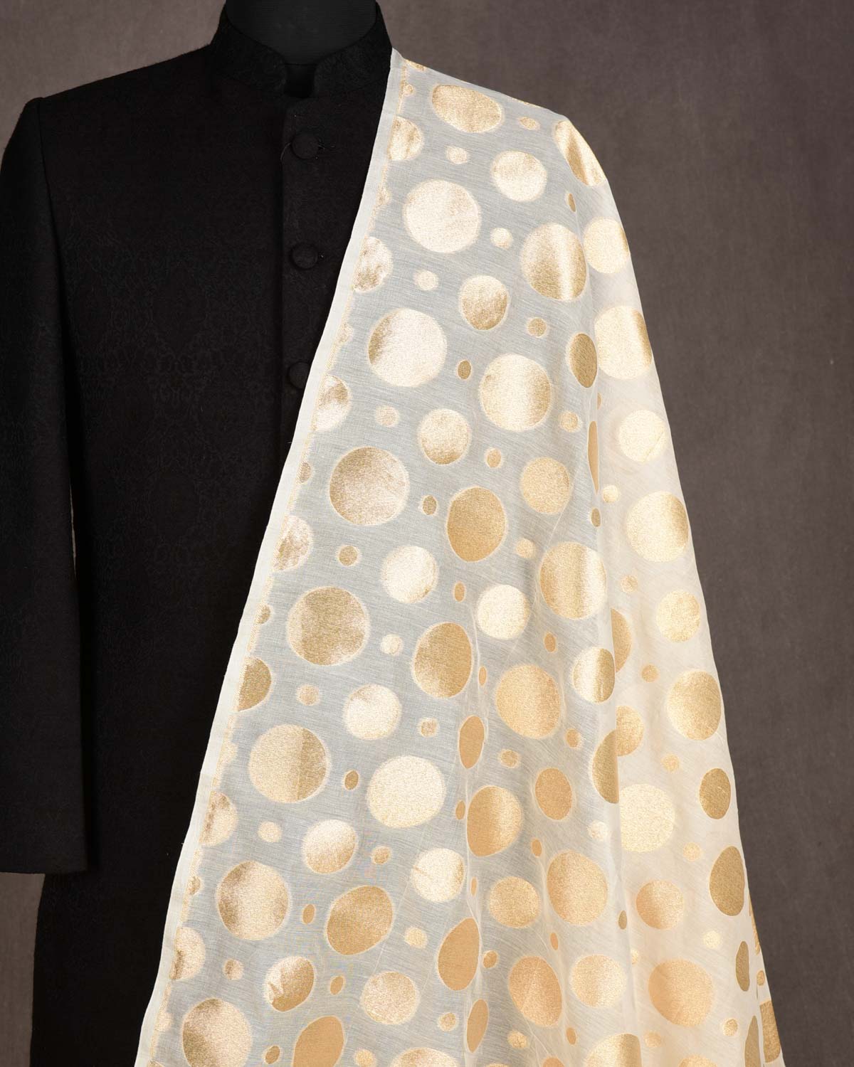 Ivory White Gold Zari Big & Small Polka Dots Cutwork Brocade Woven Cotton Silk Banarasi Fabric-HolyWeaves