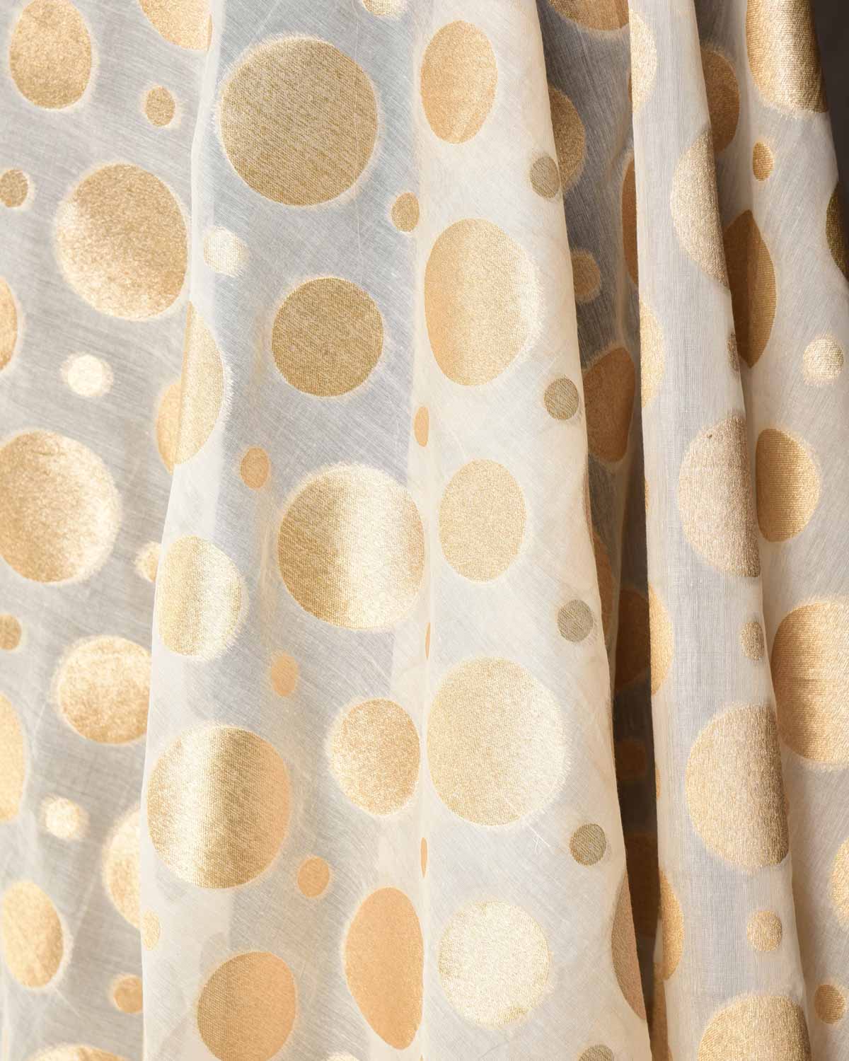 Ivory White Gold Zari Big & Small Polka Dots Cutwork Brocade Woven Cotton Silk Banarasi Fabric-HolyWeaves